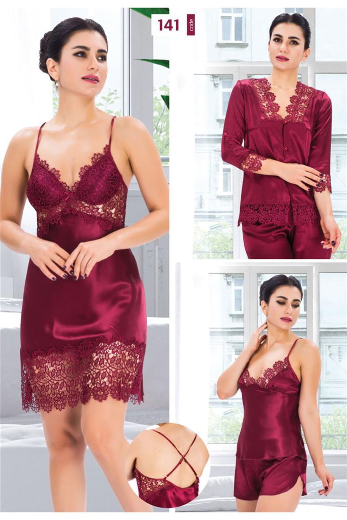 Duchesse 141 Çeyizlik Dantelli Saten 6lı Set -Bordo