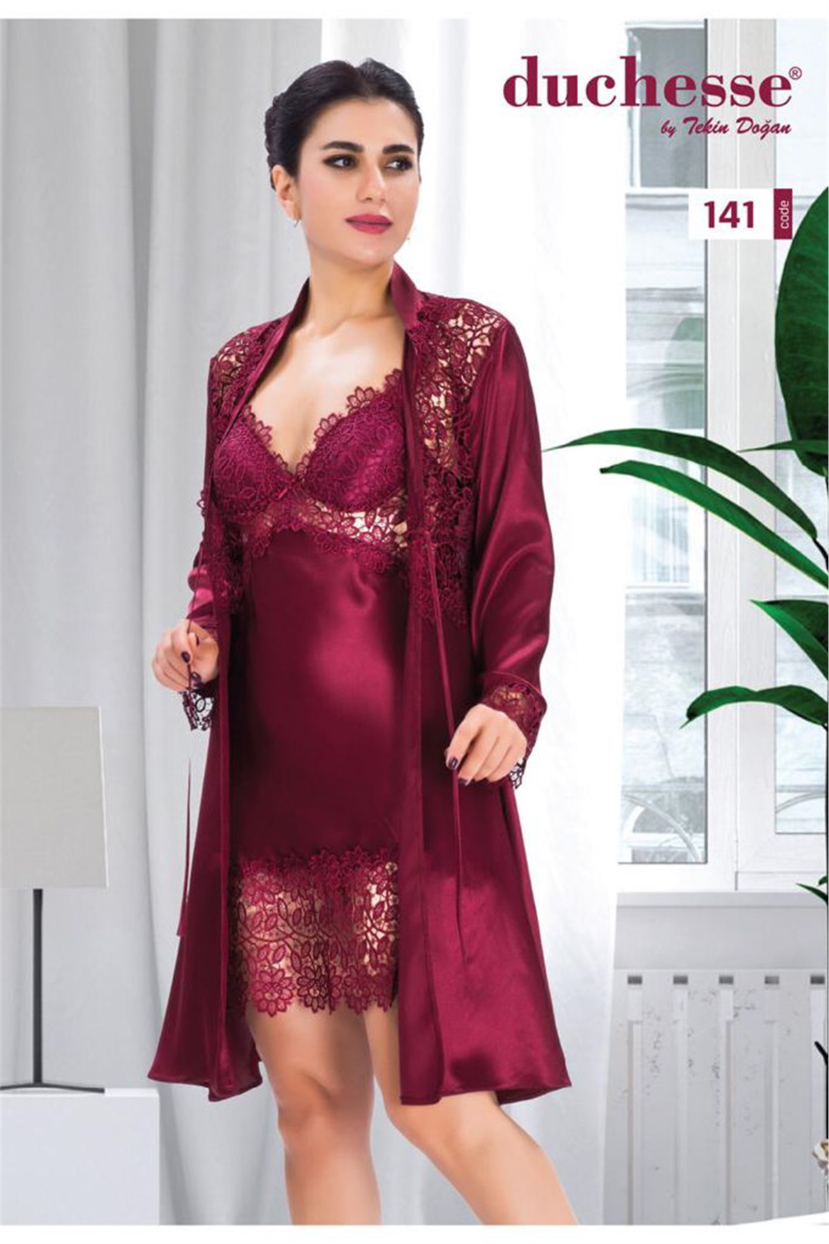 Duchesse 141 Çeyizlik Dantelli Saten 6lı Set -Bordo
