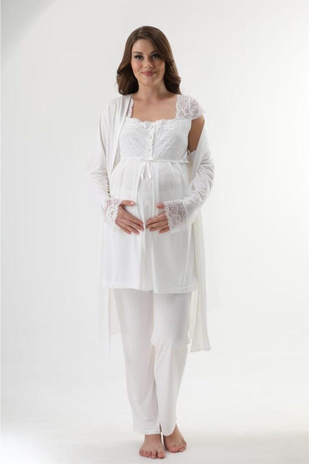 Duchesse 3200 Hamile Lohusa Sabahlıklı Pijama Takım-Ekru