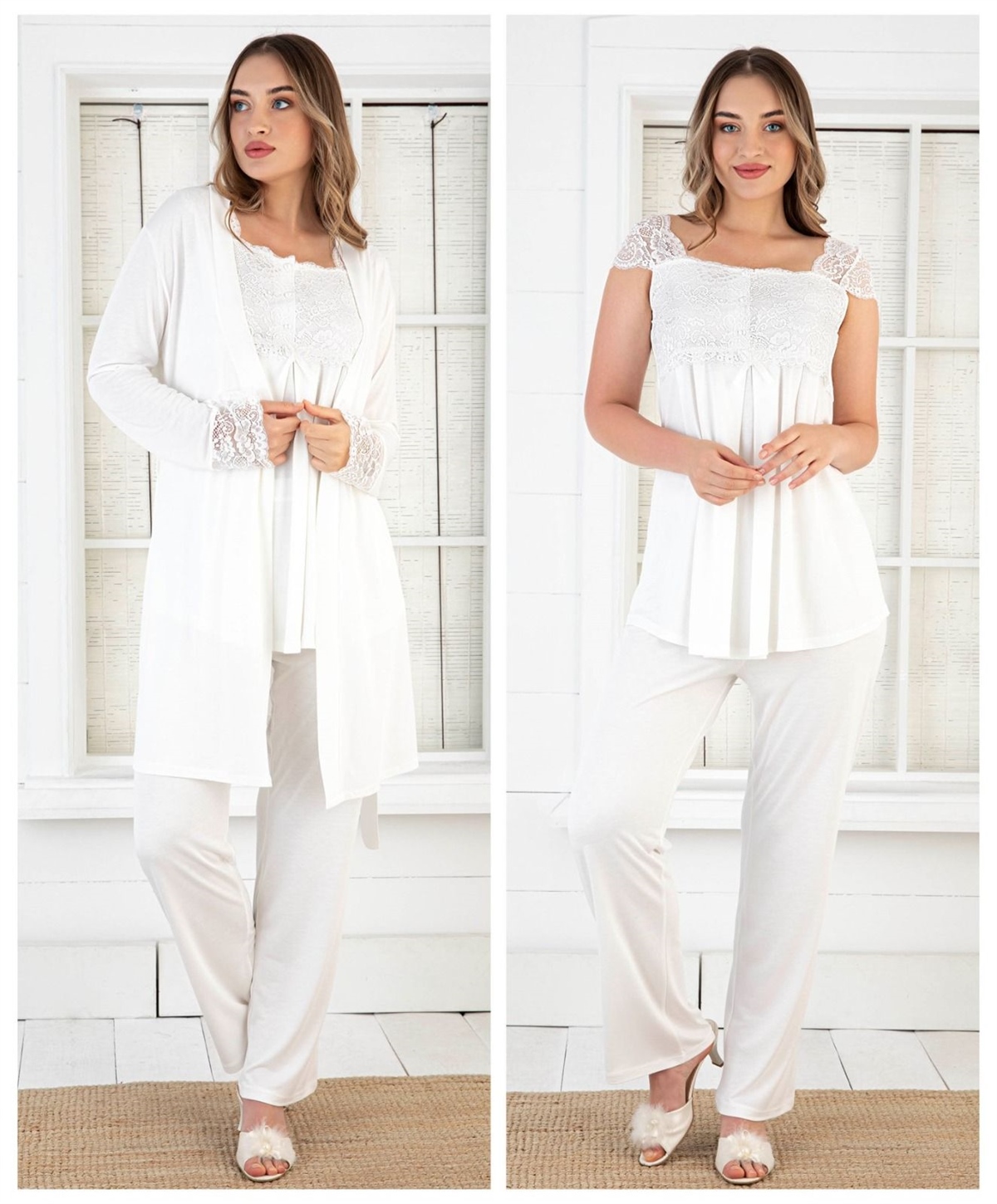 Duchesse 3200 Hamile Lohusa Sabahlıklı Pijama Takım-Ekru