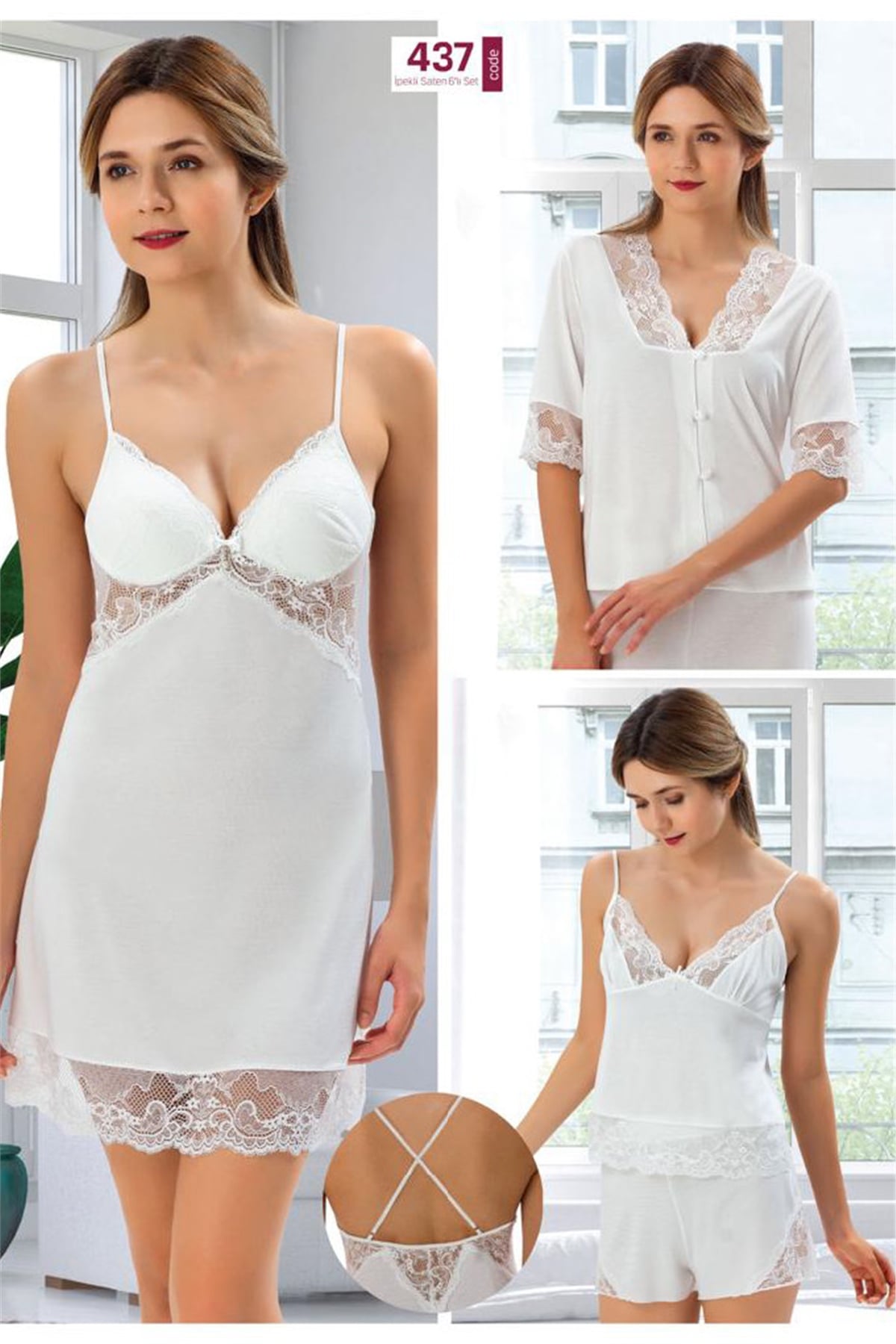 Duchesse 437 Çeyizlik Dantelli Saten 6lı Set -Ekru