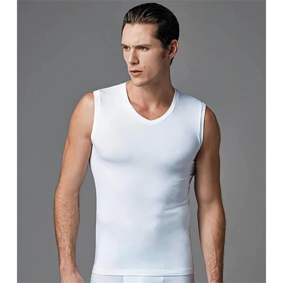 Eros ERS006 Compact Erkek V Yaka Atlet Kolsuz Erkek T-Shirt (İkili Paket) - Beyaz