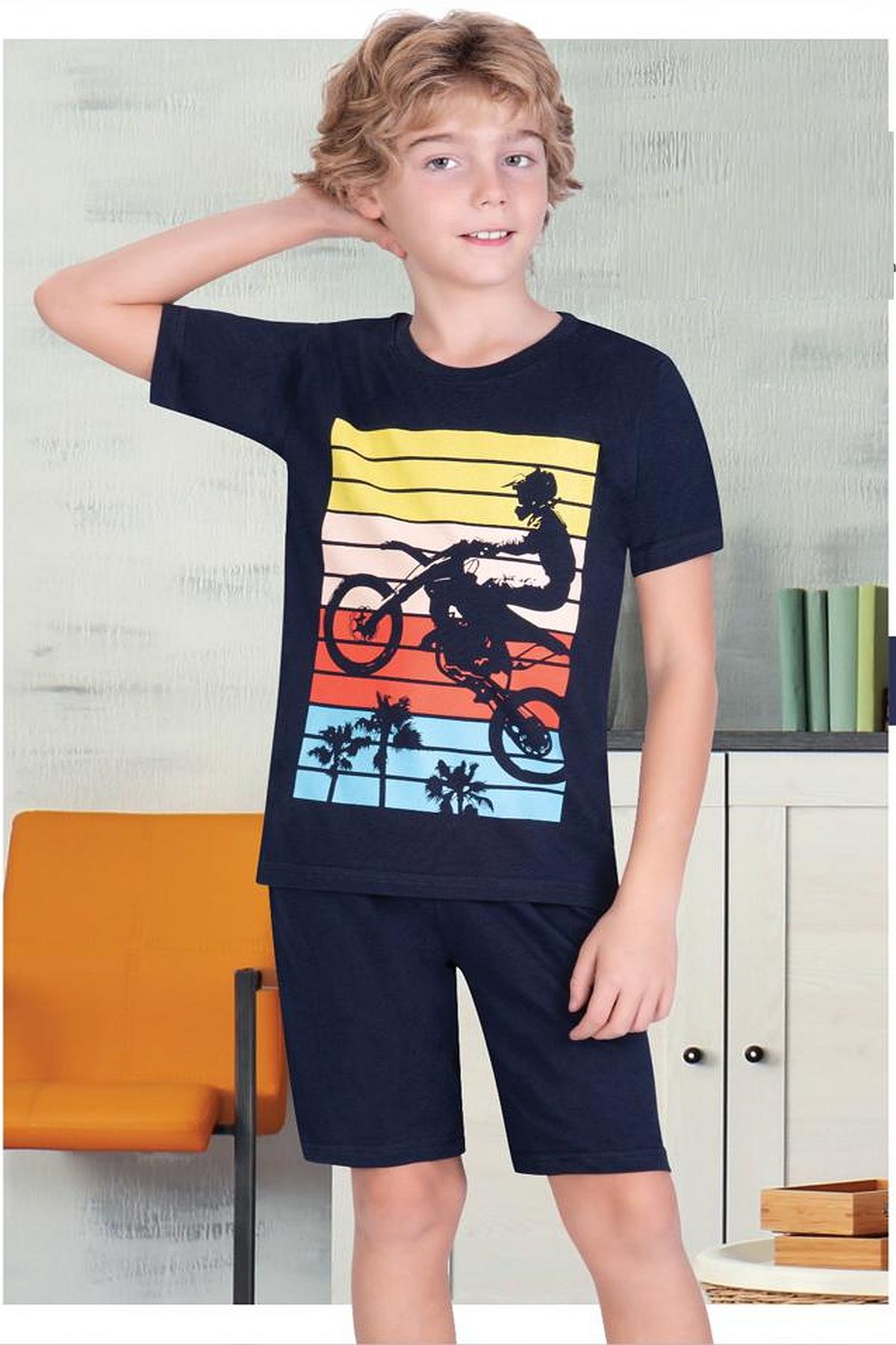 Ersoy 843G Erkek Çocuk Garson Boy Kısa Kollu Şortlu Pijama Takımı-Lacivert