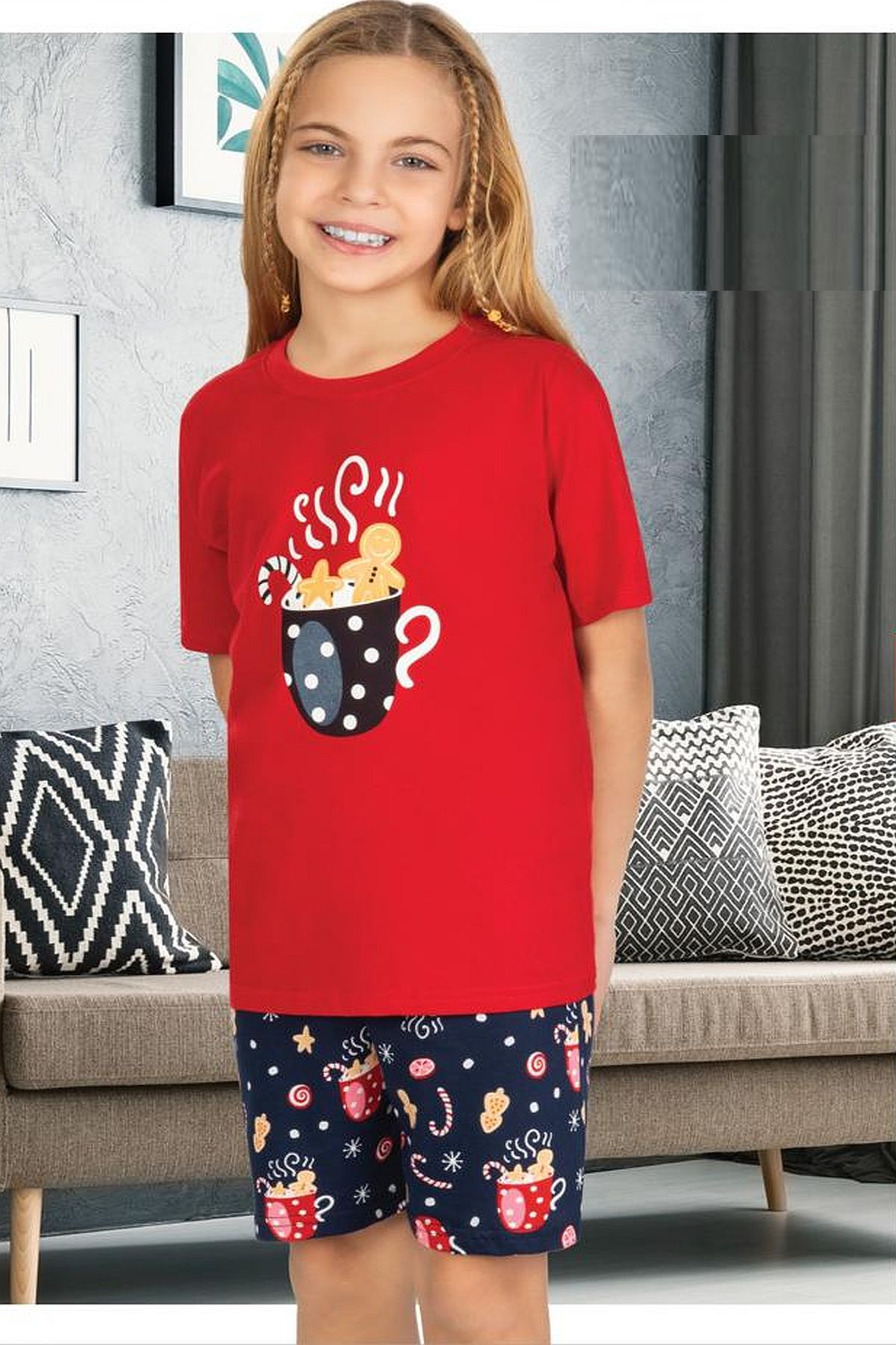 Ersoy 866G Kız Çocuk Garson Boy Kısa Kollu Şortlu Pijama Takımı-Kırmızı