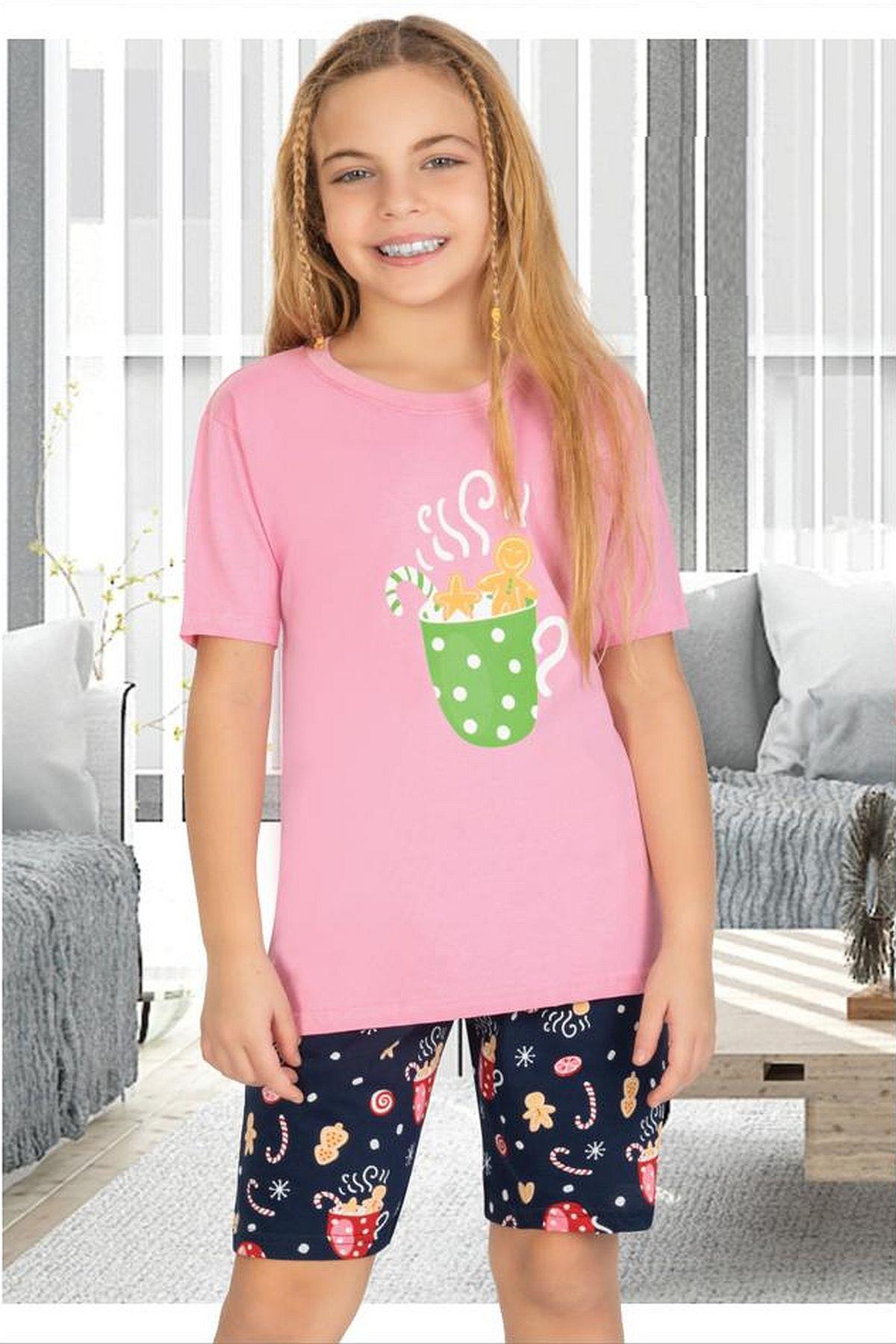 Ersoy 866G Kız Çocuk Garson Boy Kısa Kollu Şortlu Pijama Takımı-Pembe