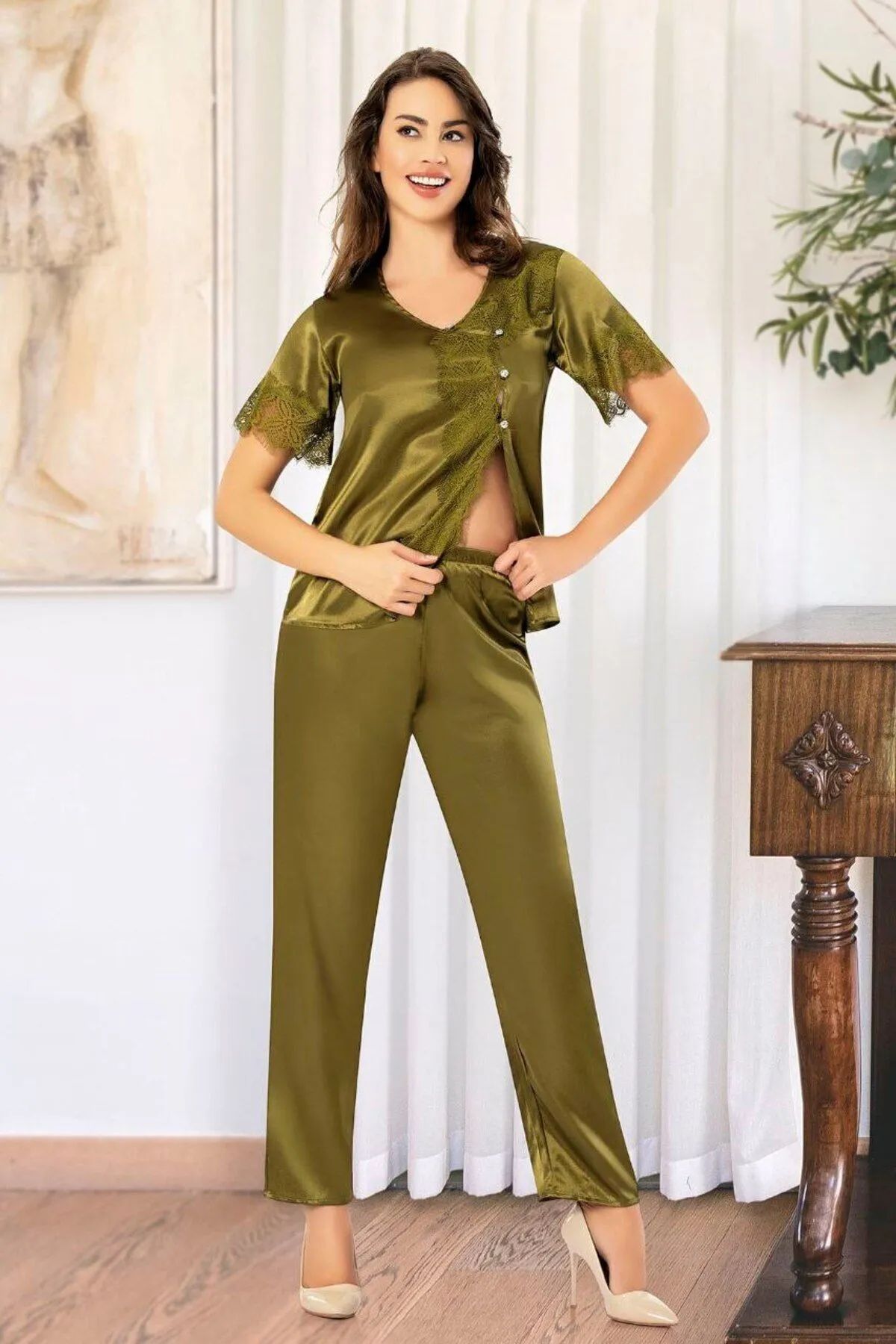 Faal 4110 Kadın Dantel Detaylı Saten Kısa Kollu Pijama Takım-Haki
