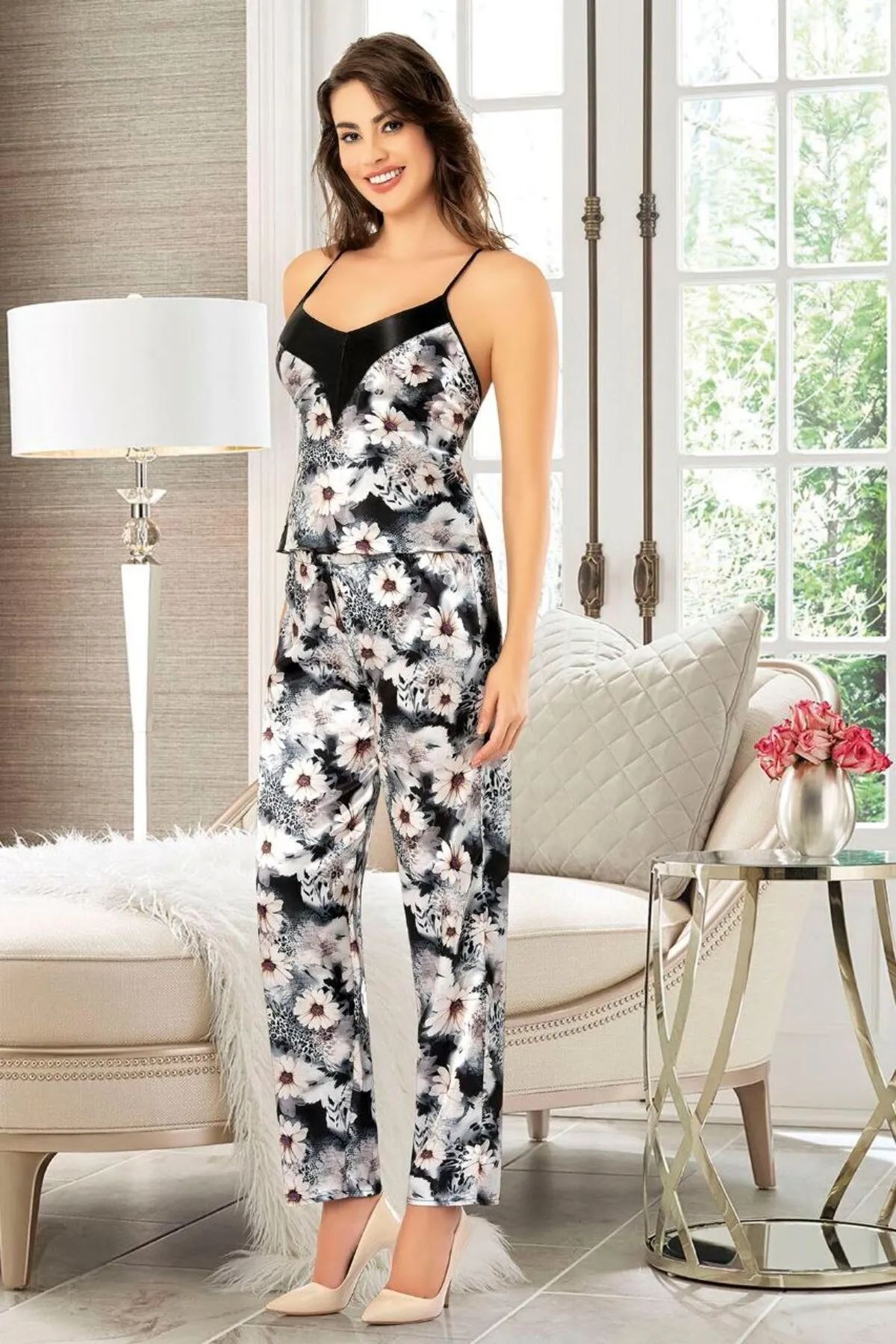 Faal 4910 Kadın Saten Sabahlıklı İp Askılı Pijama Takım-Siyah