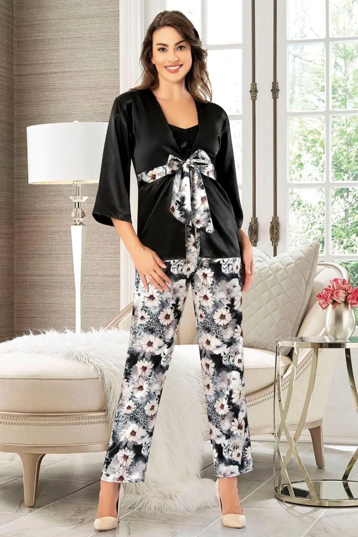 Faal 4910 Kadın Saten Sabahlıklı İp Askılı Pijama Takım-Siyah