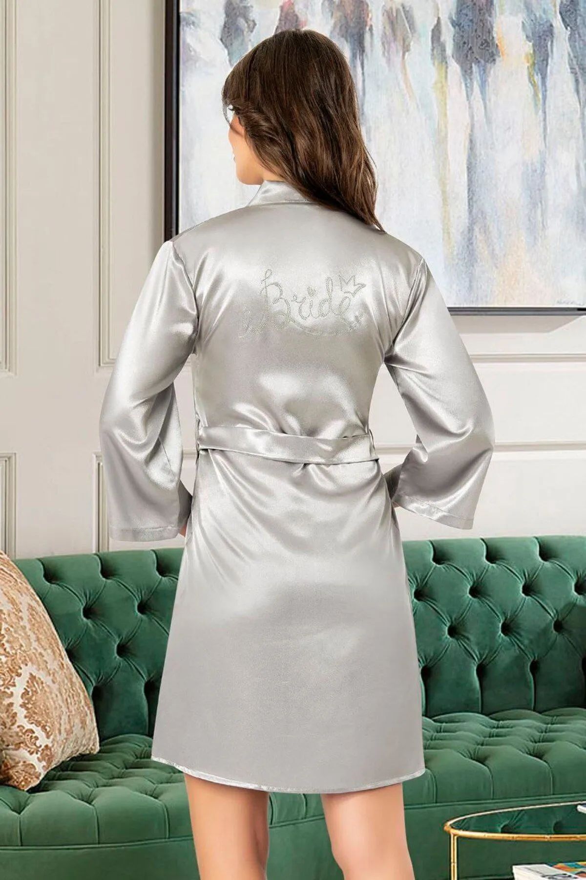 Faal 5913 Kadın Saten Bride Sabahlık-Gri