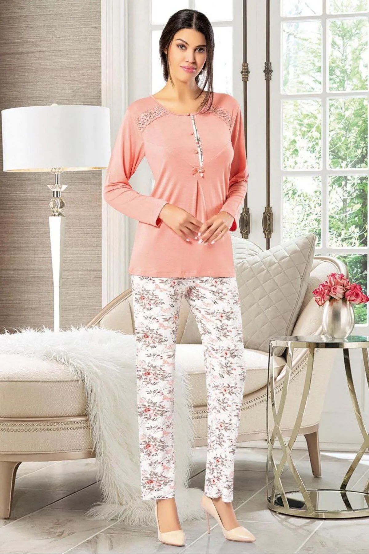 Faal 8602 Kadın Uzun Kollu Önden Düğmeli Pijama Takımı-Somon