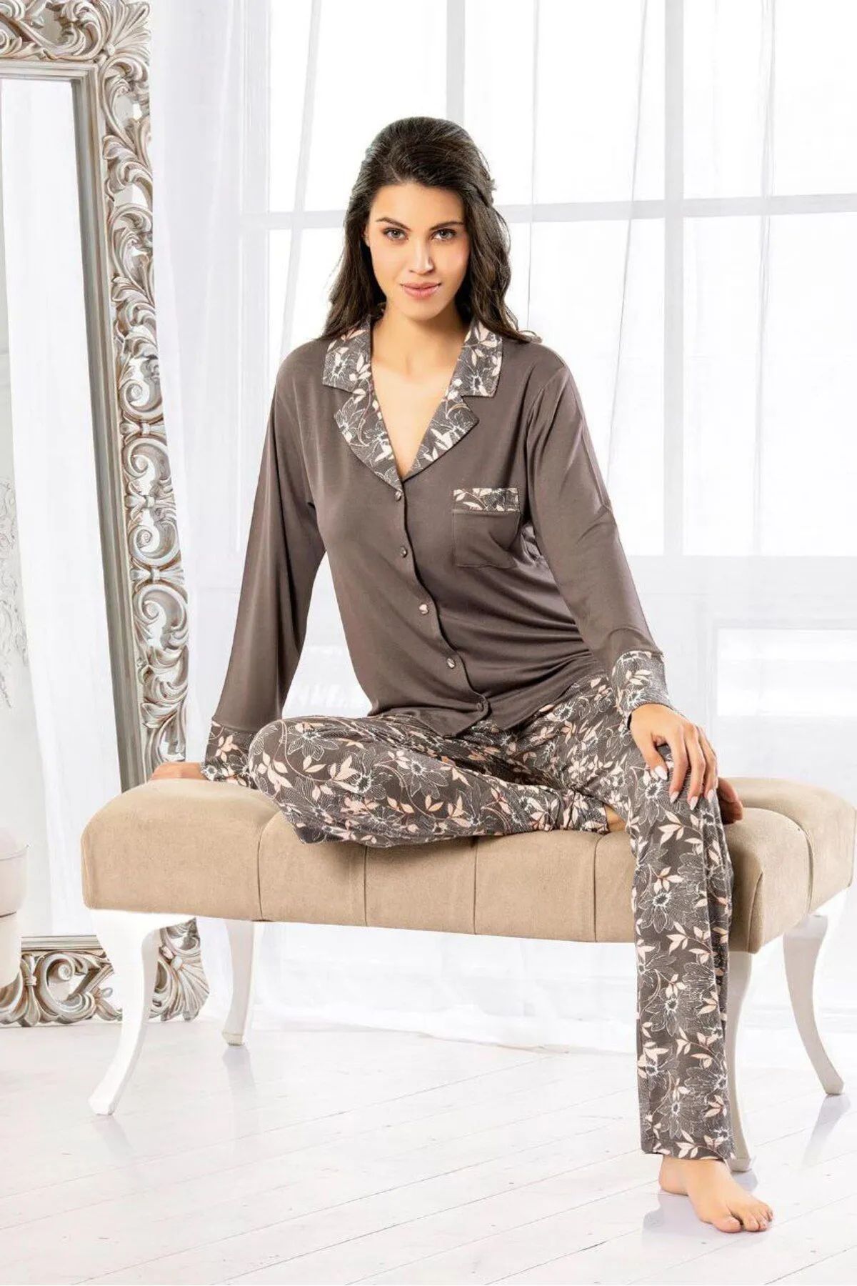 Faal 8603 Kadın Uzun Kollu Önden Düğmeli Pijama Takımı-Kahve