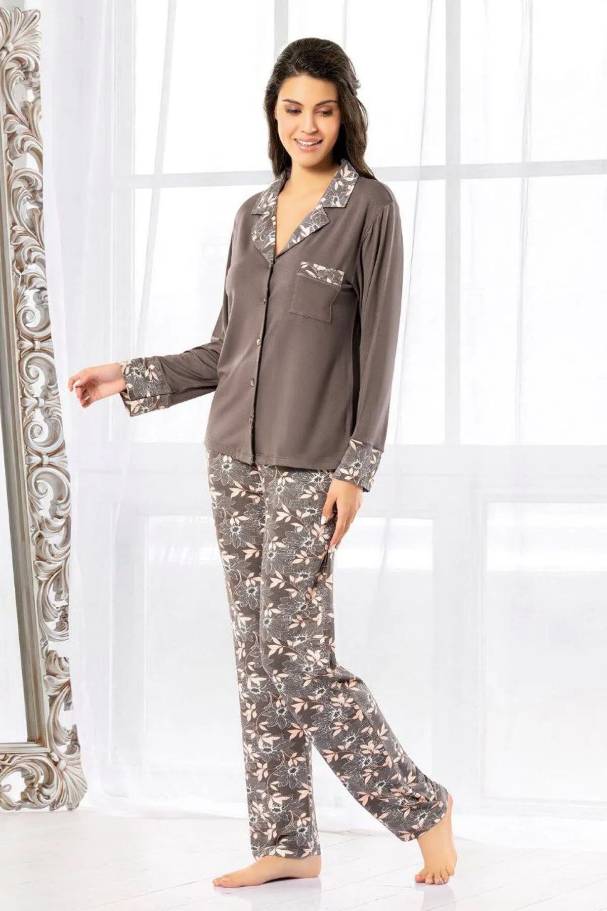 Faal 8603 Kadın Uzun Kollu Önden Düğmeli Pijama Takımı-Kahve