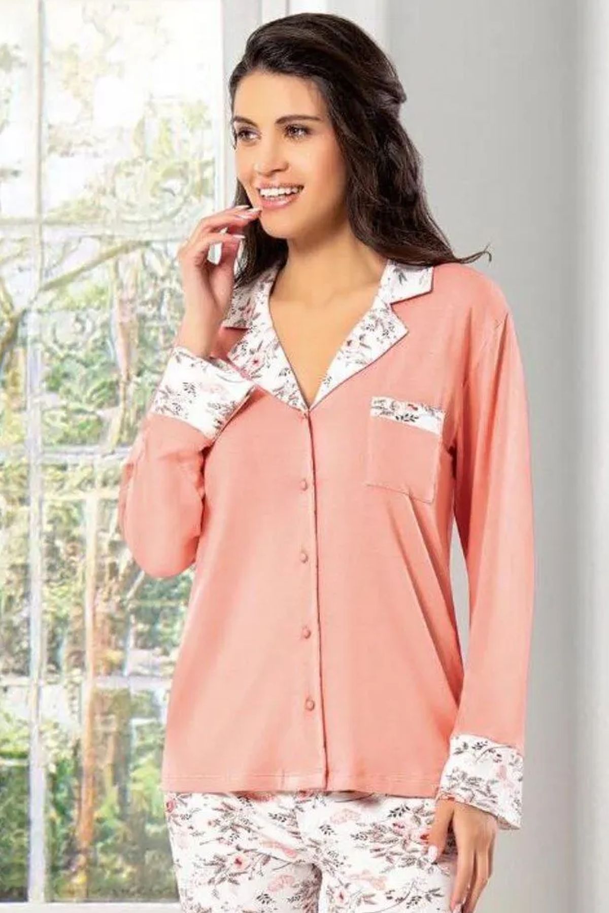 Faal 8605 Kadın Uzun Kollu Önden Düğmeli Pijama Takımı-Somon