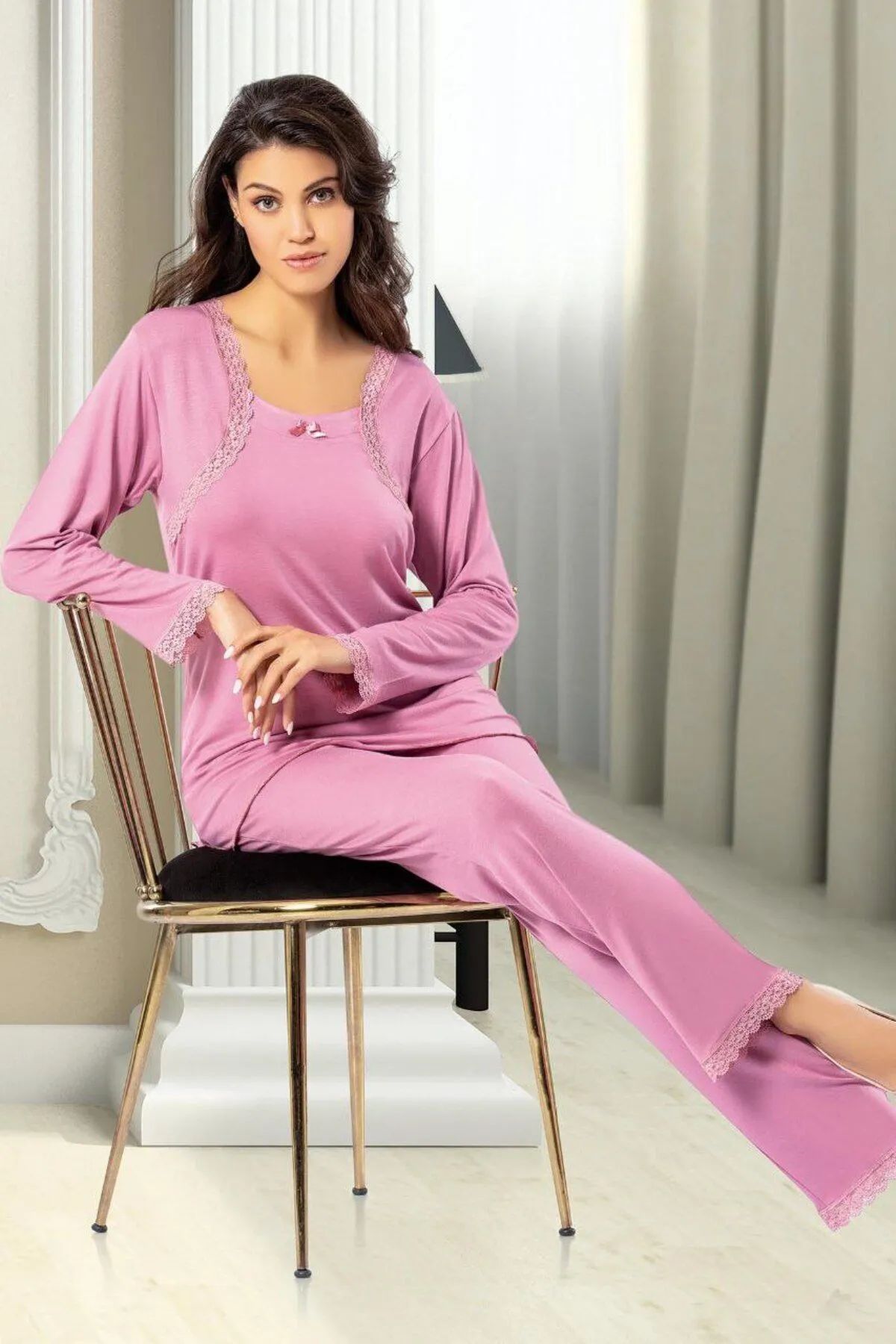 Faal 8608 Kadın Uzun Kollu Dantel Detaylı Pijama Takımı-Gülkurusu
