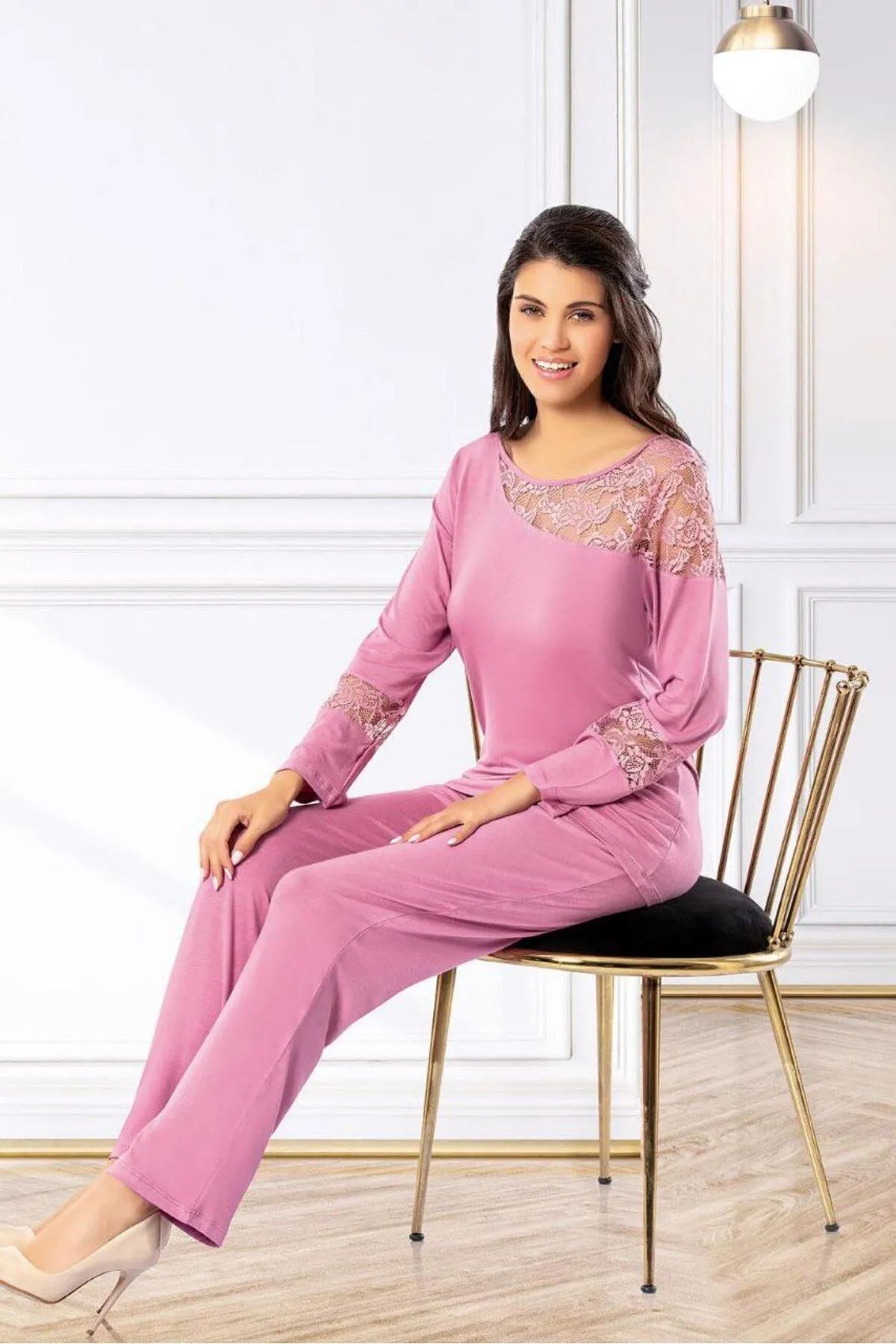 Faal 8617 Kadın Uzun Kollu Dantel Detaylı Pijama Takımı-Gülkurusu