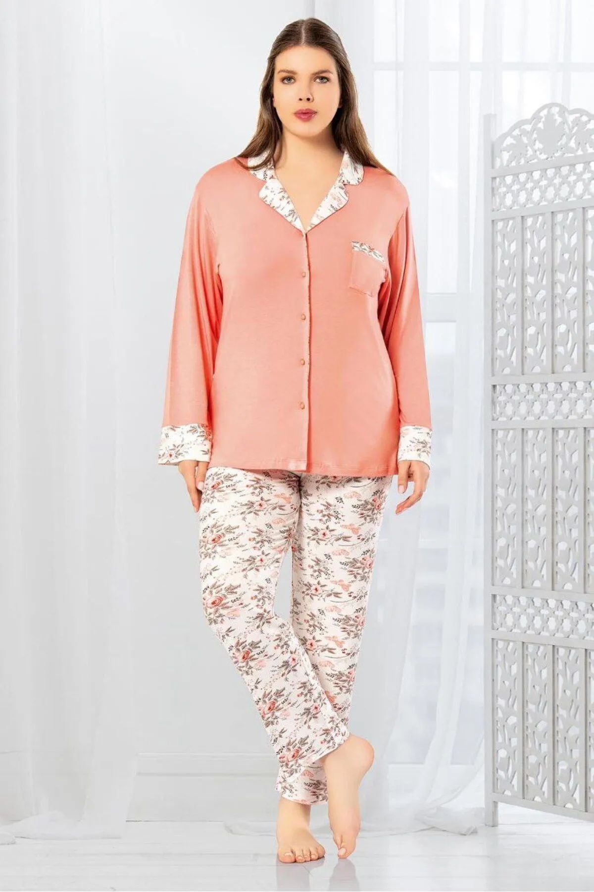 Faal 8803 Kadın Büyük Beden Uzun Kollu Önden Düğmeli Pijama Takım-Somon