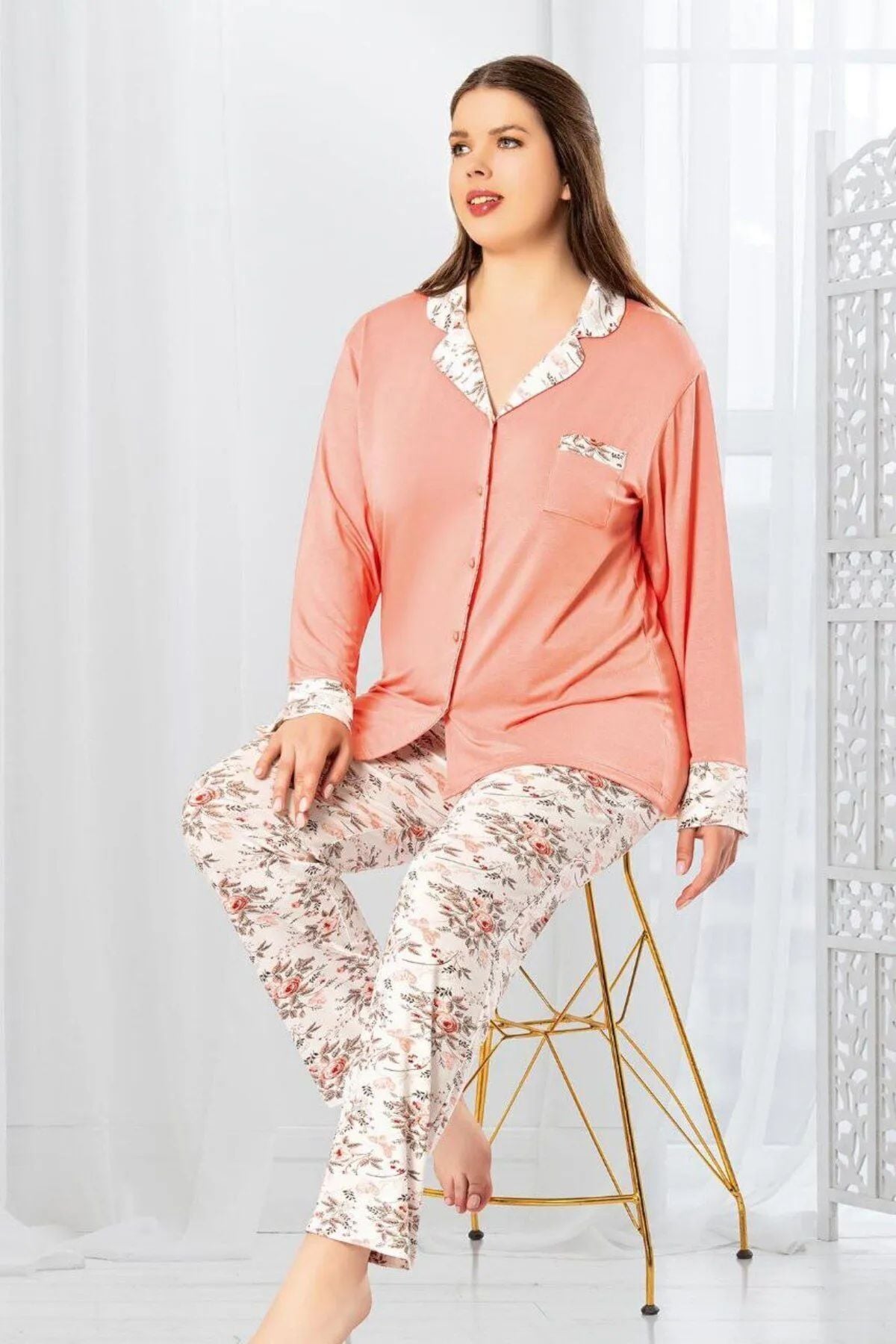 Faal 8803 Kadın Büyük Beden Uzun Kollu Önden Düğmeli Pijama Takım-Somon