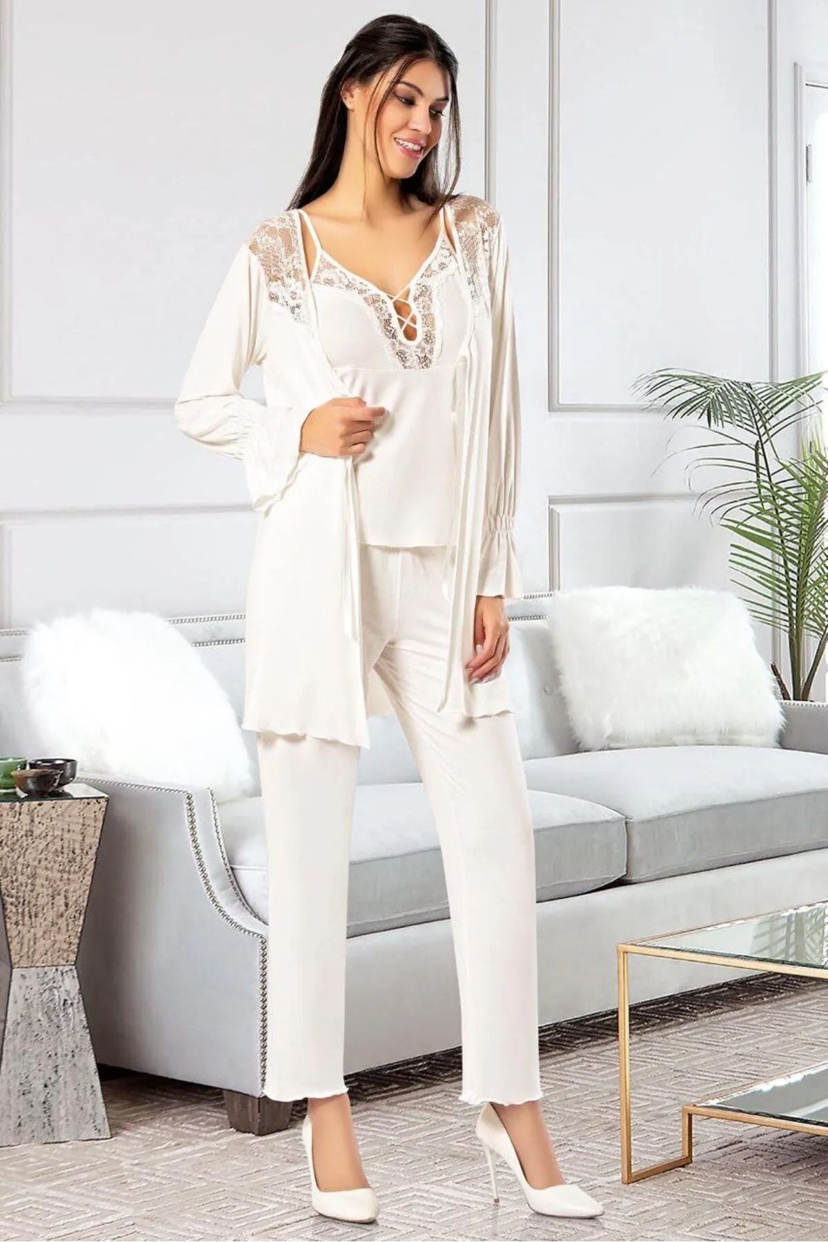 Faal 8903 Kadın Sabahlıklı Pijama Takımı-Ekru