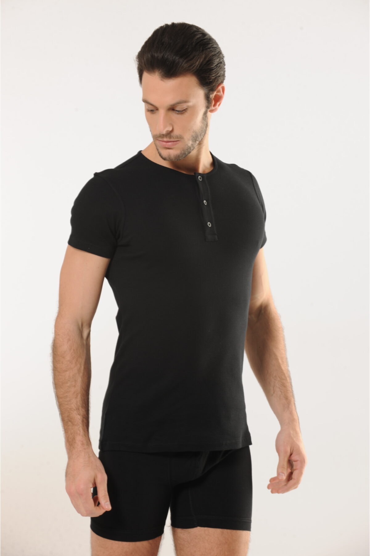 HMD 505 3lü Pamuklu Düğme Detay Yaka Erkek Atlet - Siyah