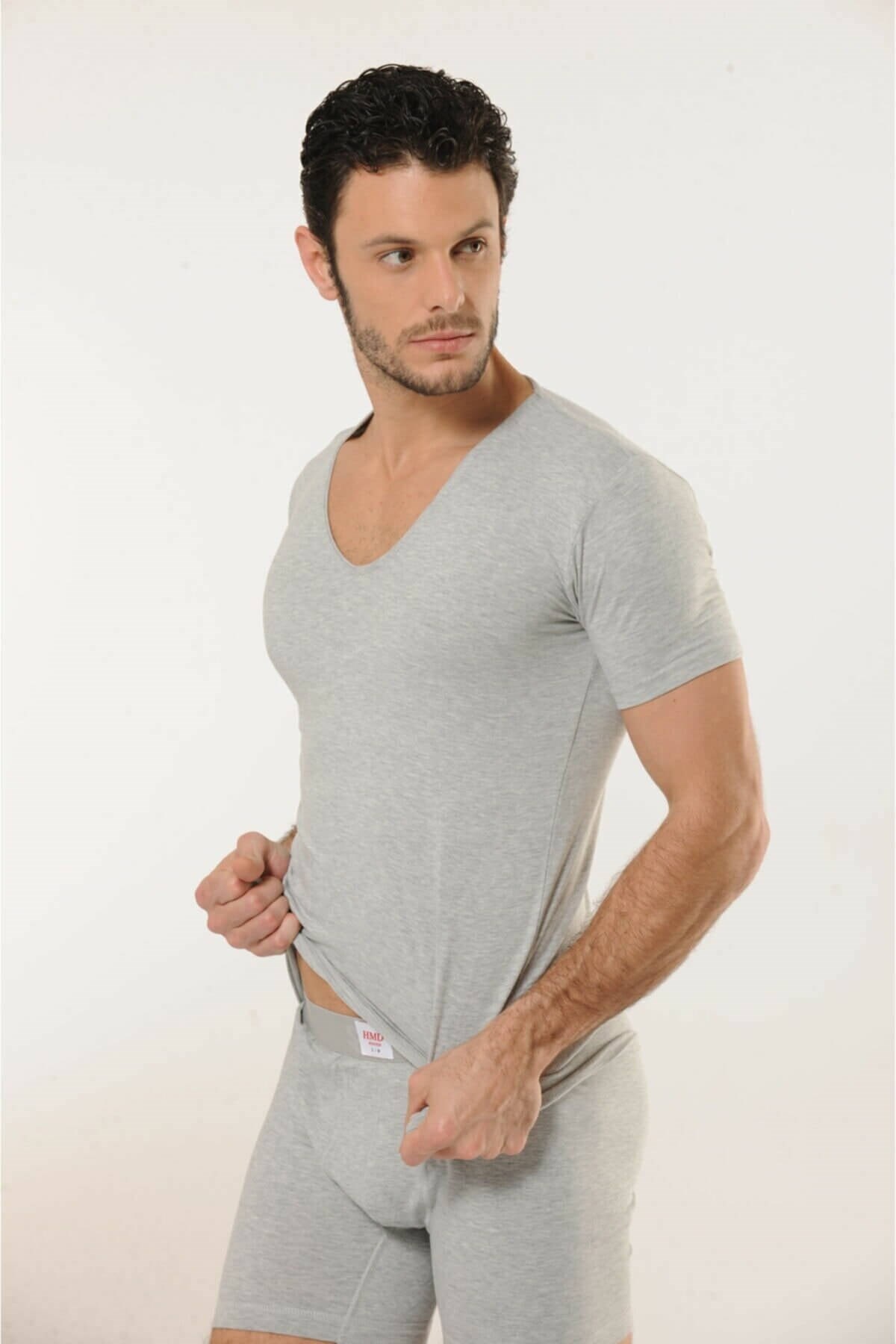 HMD 713 Derin V Yaka Kısa Kollu Likralı T-Shirt - Gri