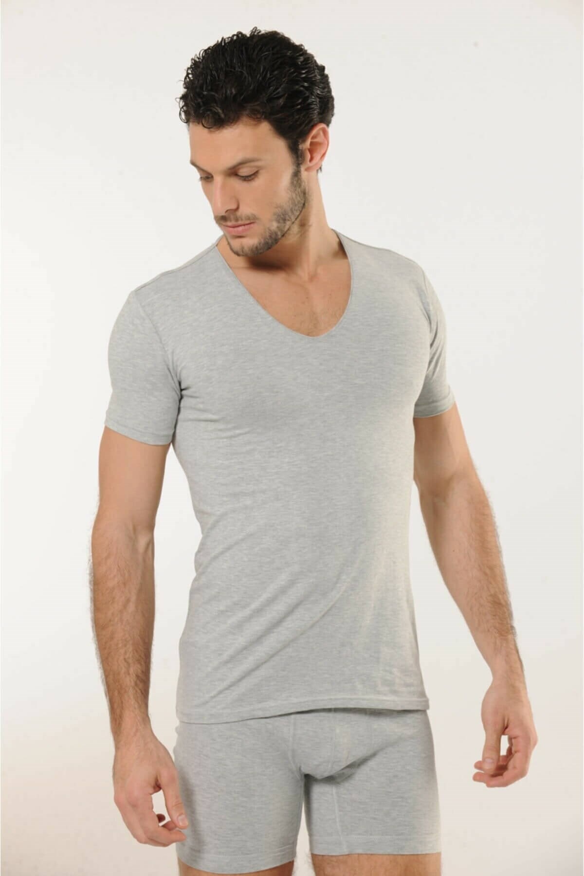HMD 713 Derin V Yaka Kısa Kollu Likralı T-Shirt - Gri