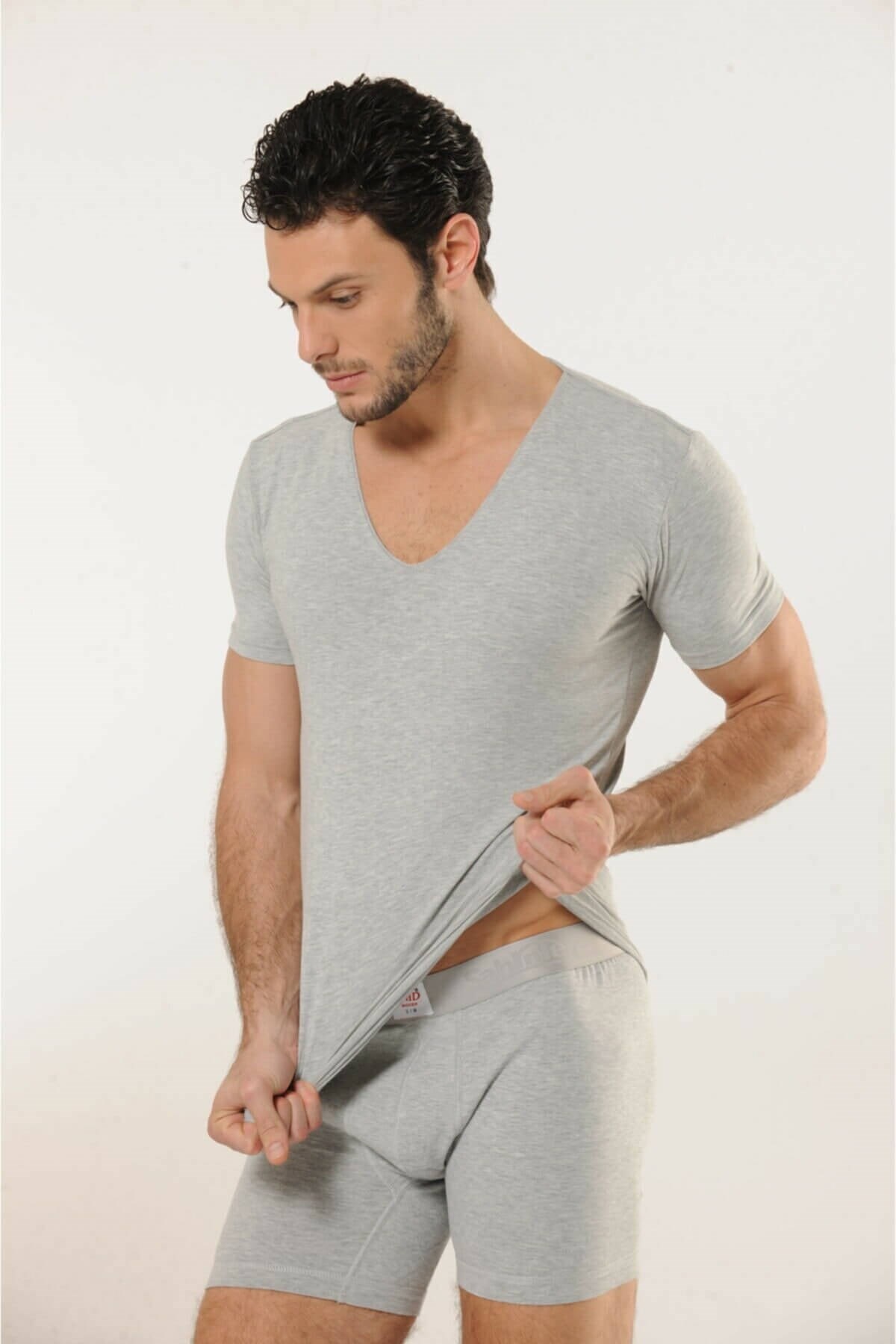 HMD 713 Derin V Yaka Kısa Kollu Likralı T-Shirt - Gri