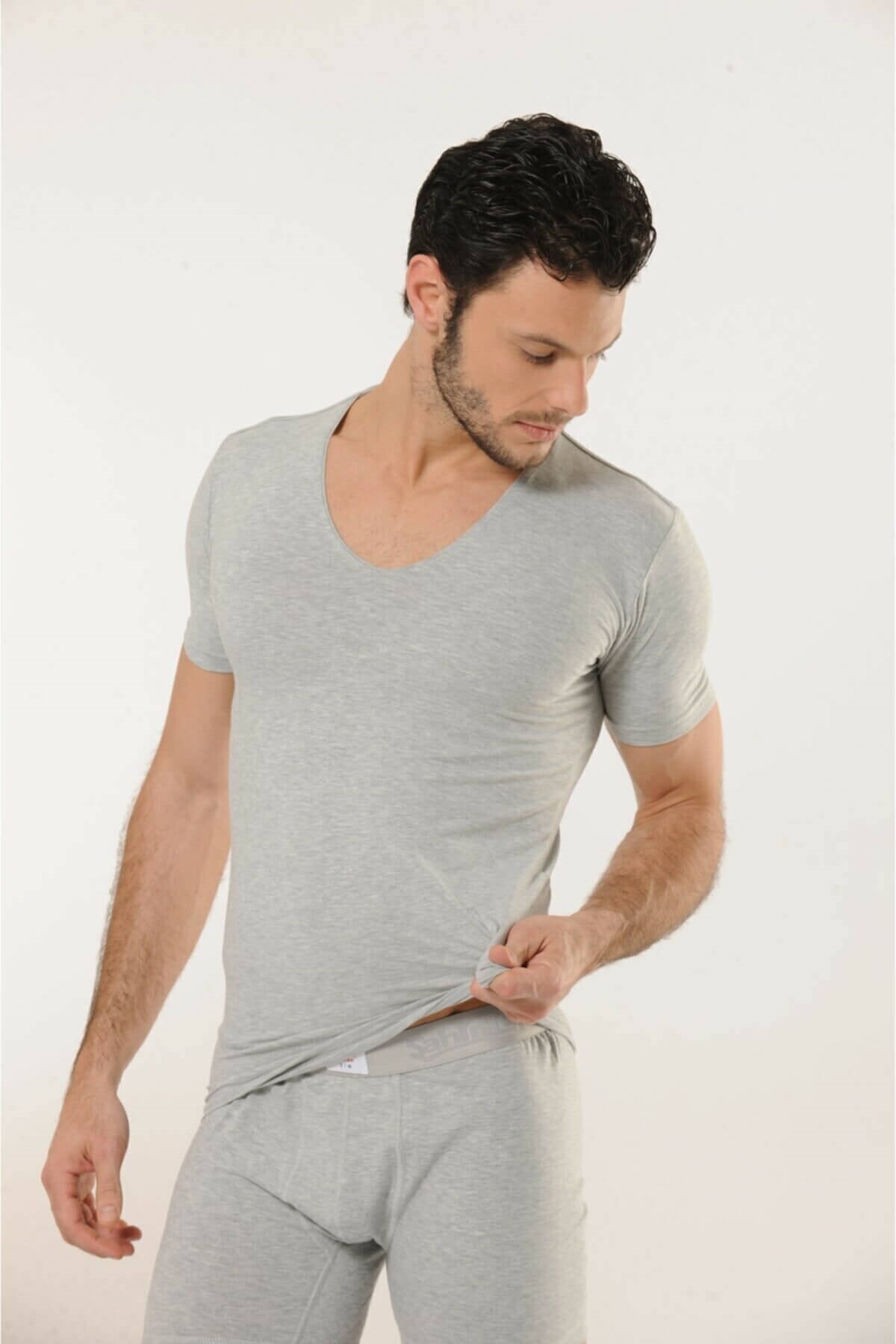 HMD 713 Derin V Yaka Kısa Kollu Likralı T-Shirt - Gri