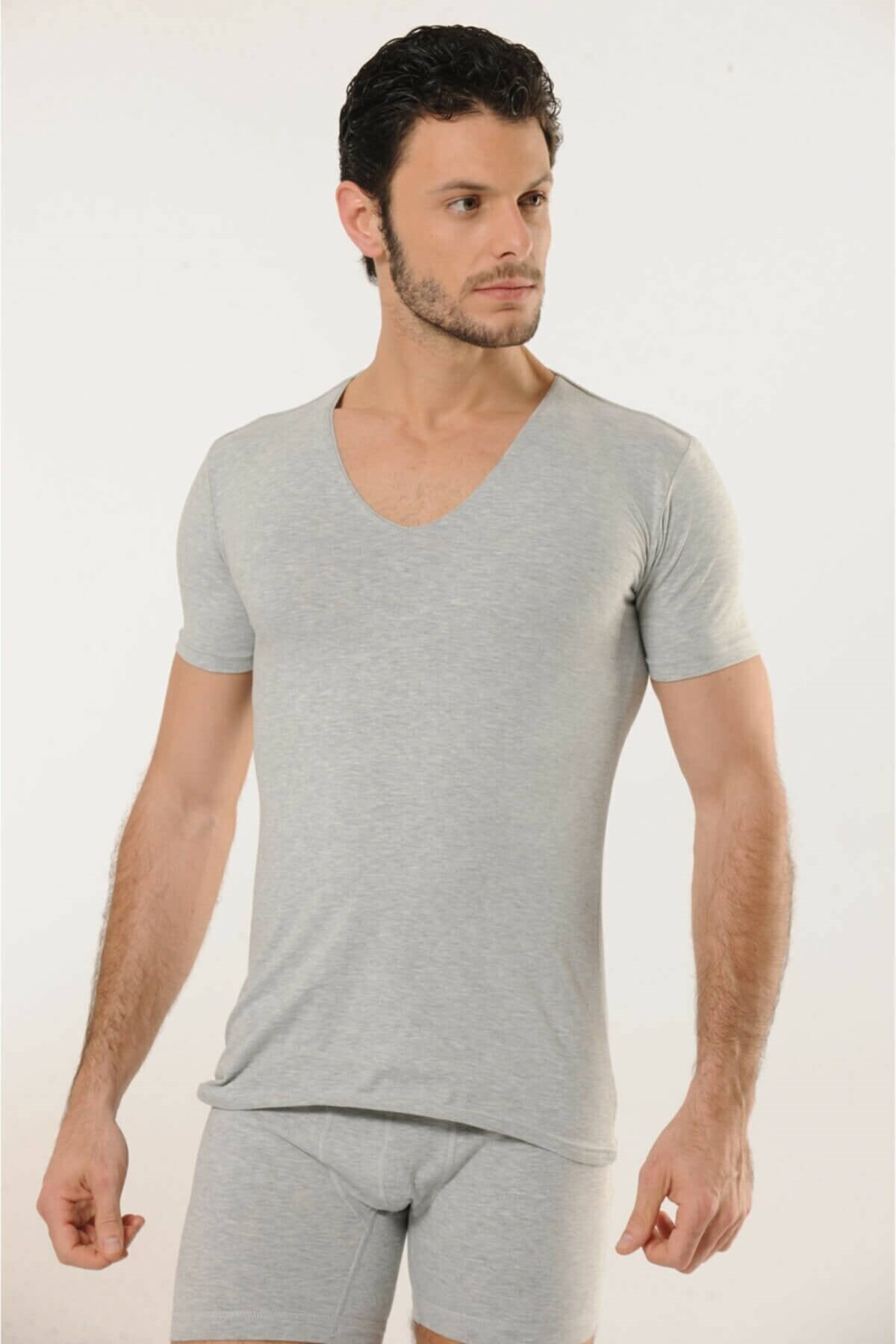 HMD 713 Derin V Yaka Kısa Kollu Likralı T-Shirt - Gri