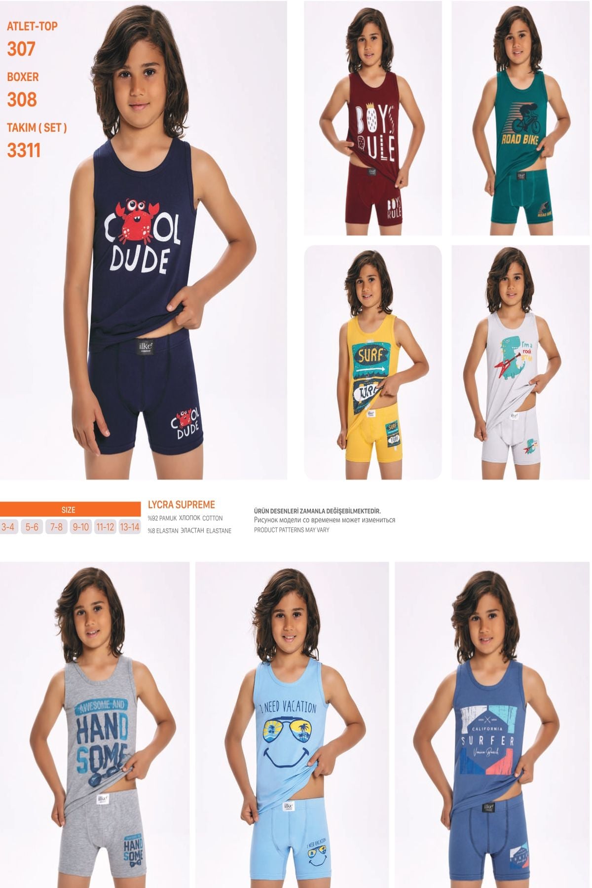 İlke 3311 Erkek Çocuk 12li Desenli Atlet Boxer Takım-Renkli