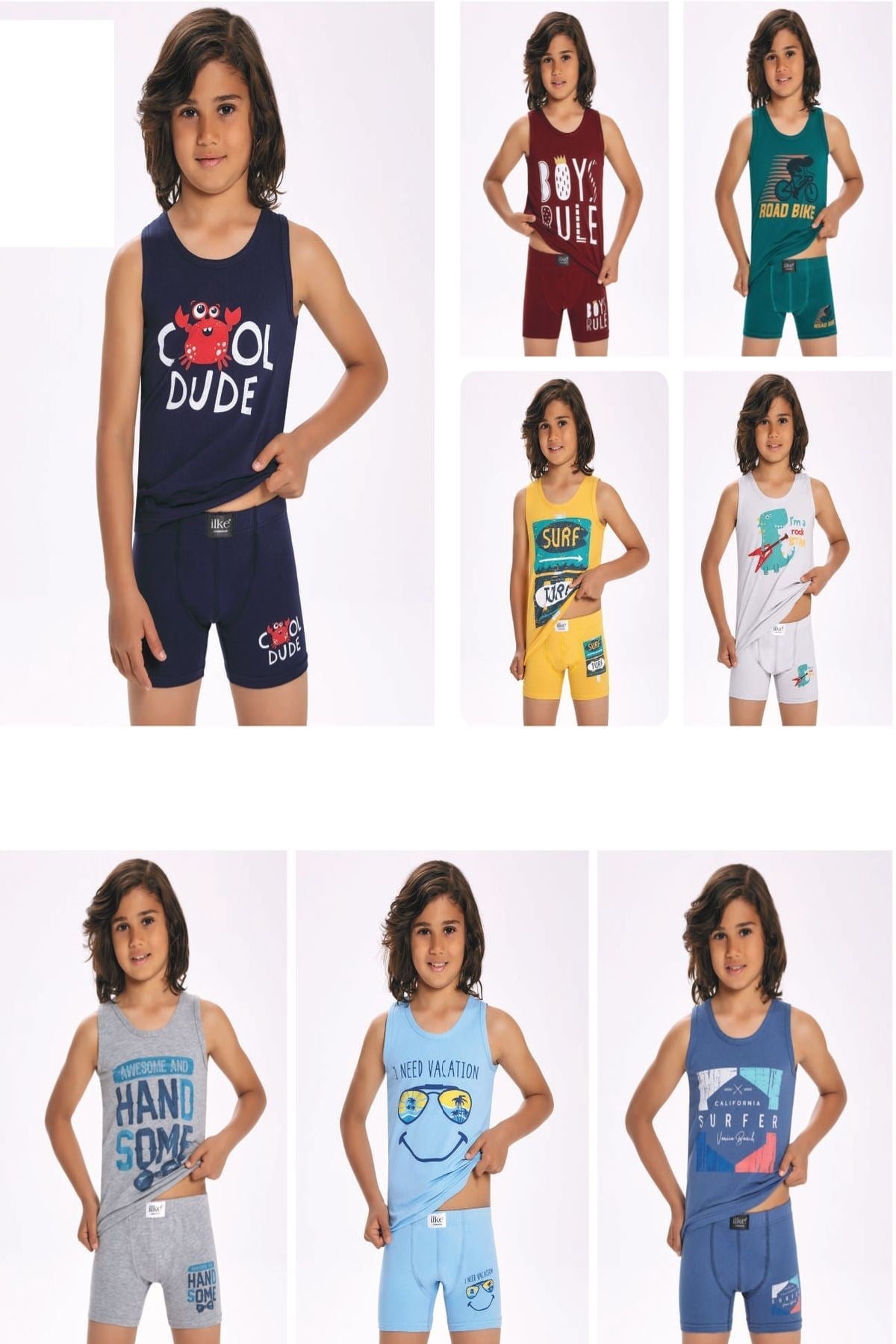 İlke 3311 Erkek Çocuk 12li Desenli Atlet Boxer Takım-Renkli