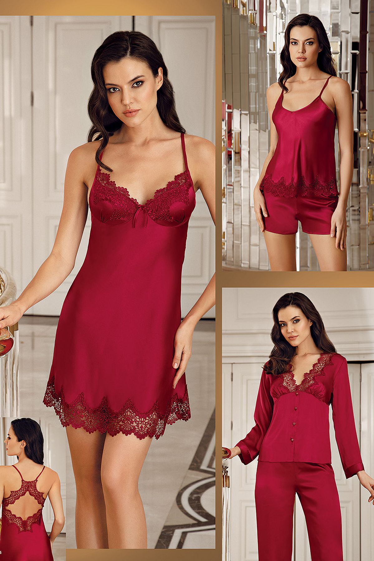 İmaj 1010 Çeyizlik Dantelli Saten 6lı Set -Bordo