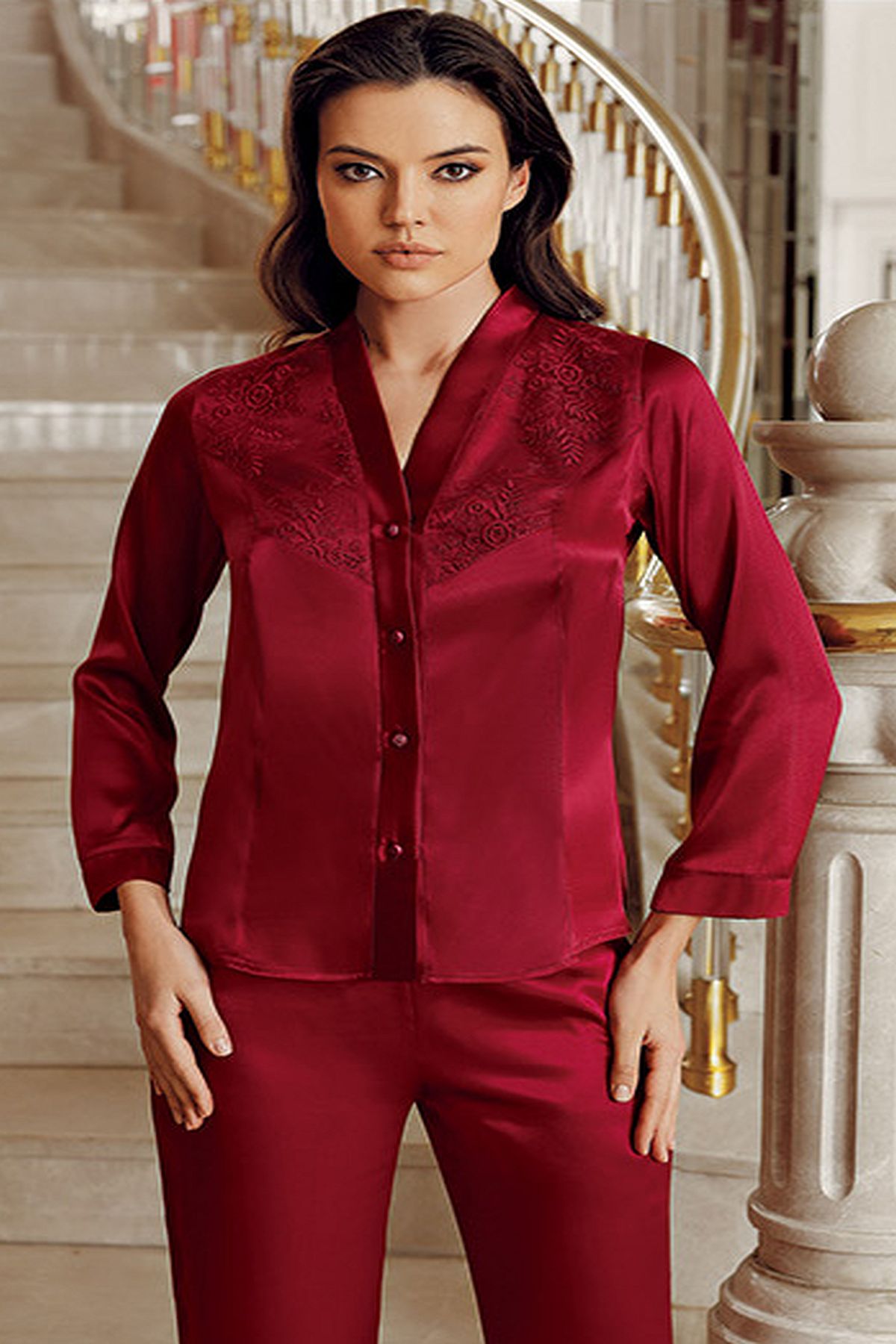 İmaj 1020 Çeyizlik Dantelli Saten 6lı Set -Bordo