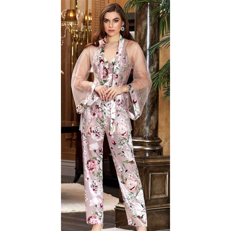 Jeremi 3053 Çeyizlik İpek Saten Üçlü Pijama Takımı - Pudra