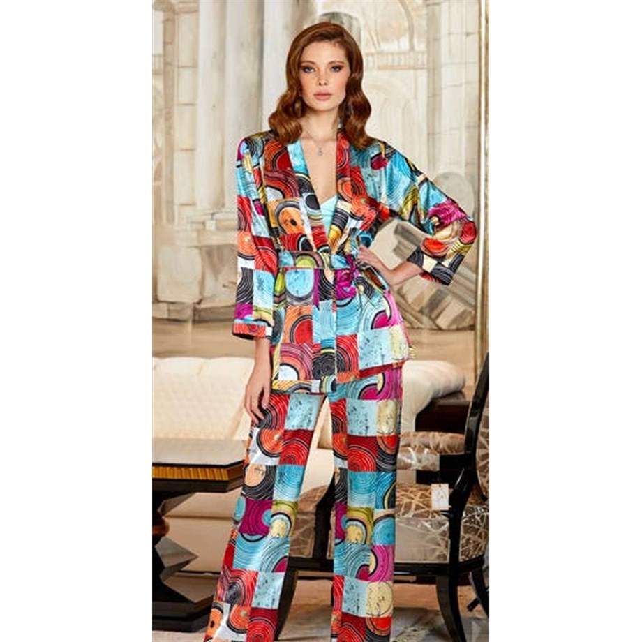 Jeremi 3125 Çeyizlik İpek Saten Üçlü Askılı Pijama Takımı - Mavi