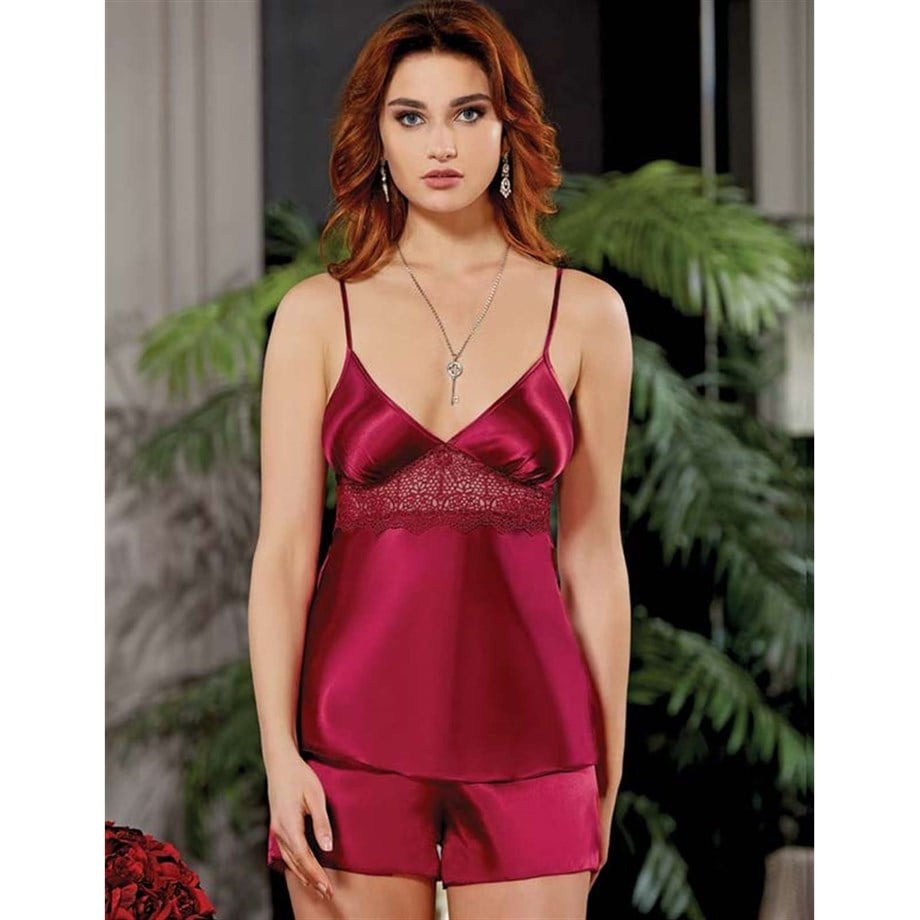 Jeremi 450 Çeyizlik İpek Saten Dantelli Uzun Altılı Set - Bordo