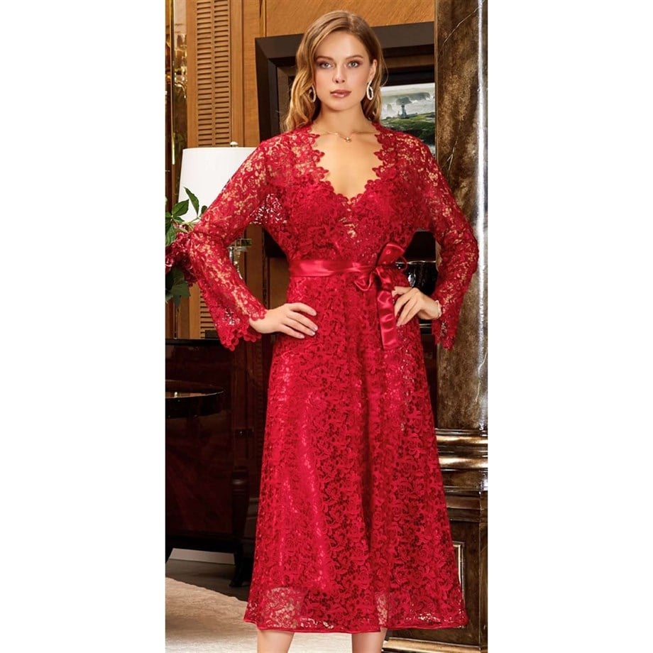 Jeremi 619 Çeyizlik İpek Saten Dantelli Uzun Altılı Set - Bordo