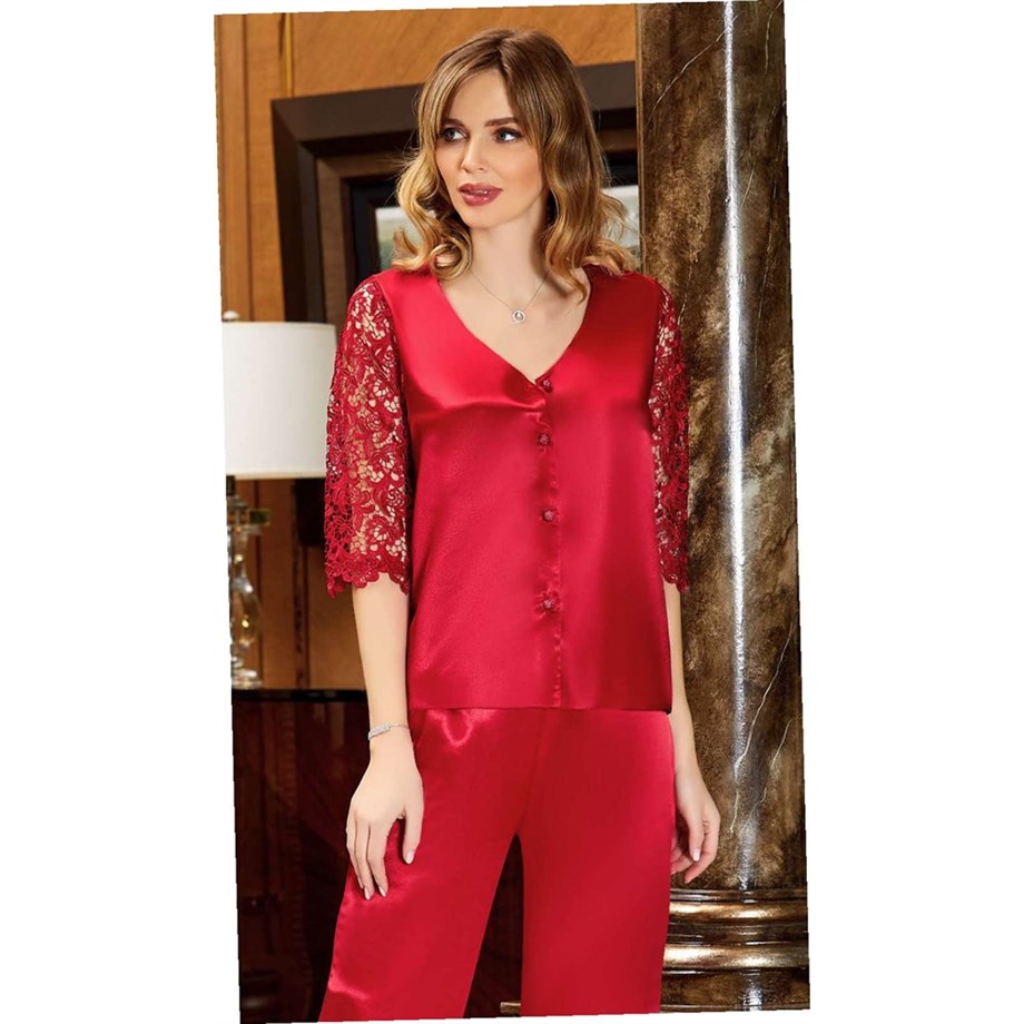 Jeremi 619 Çeyizlik İpek Saten Dantelli Uzun Altılı Set - Bordo