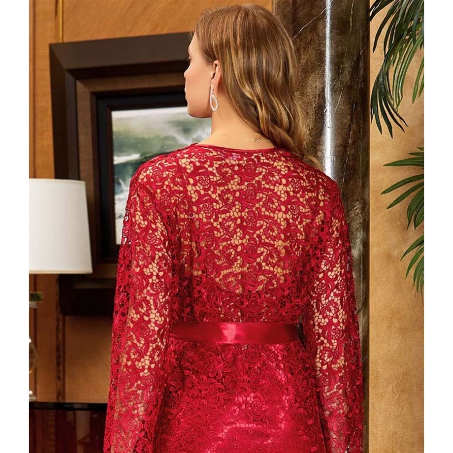 Jeremi 619 Çeyizlik İpek Saten Dantelli Uzun Altılı Set - Bordo