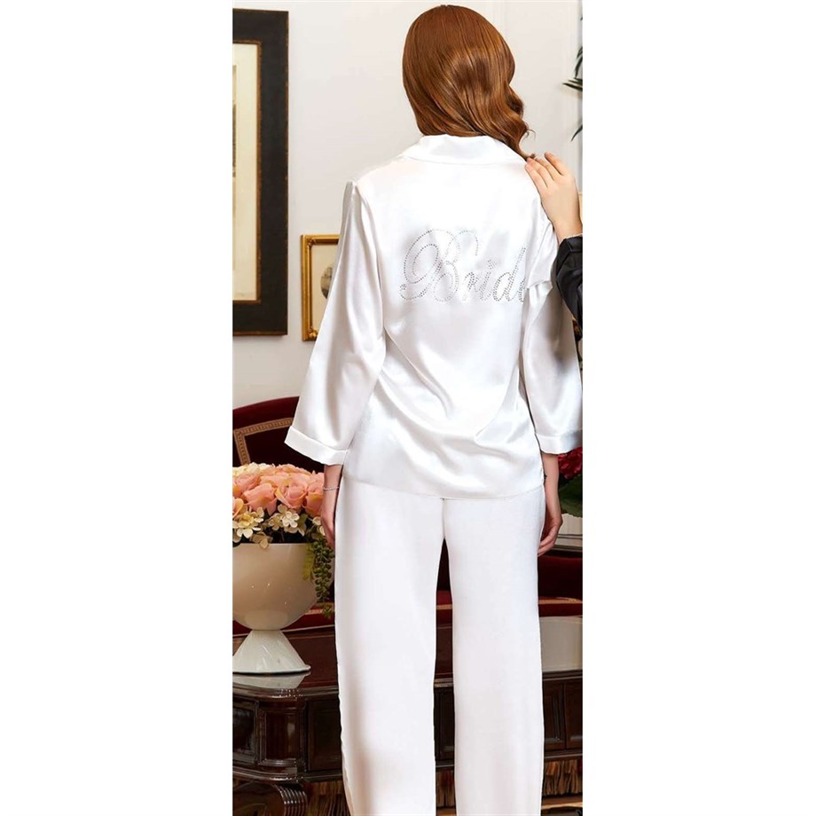 Jeremi 6523 Çeyizlik İpek Saten Bride Pijama Takımı - Krem