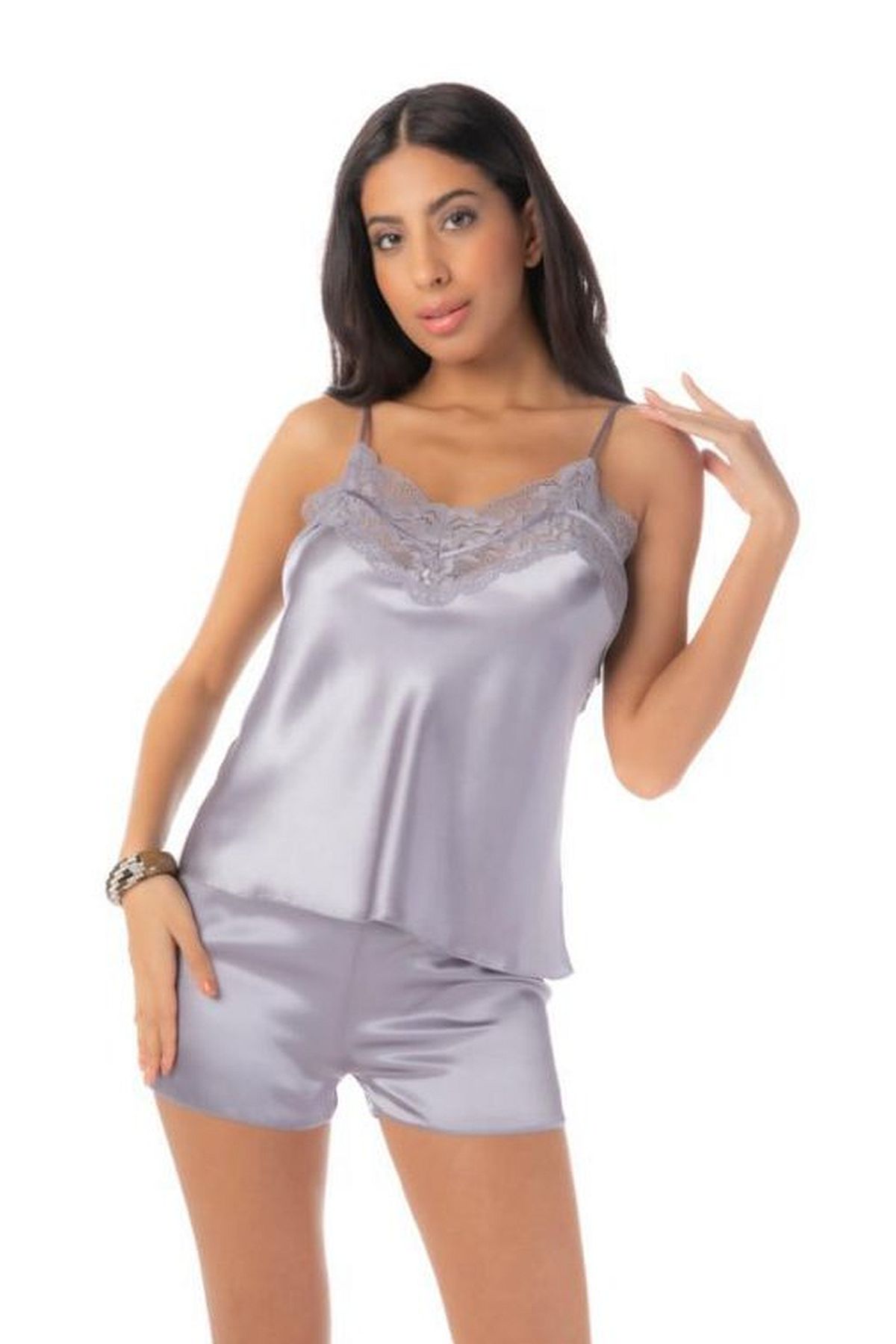 Loomerie 1603 Kadın Saten İp Askılı Şortlu Pijama Takımı-Lila