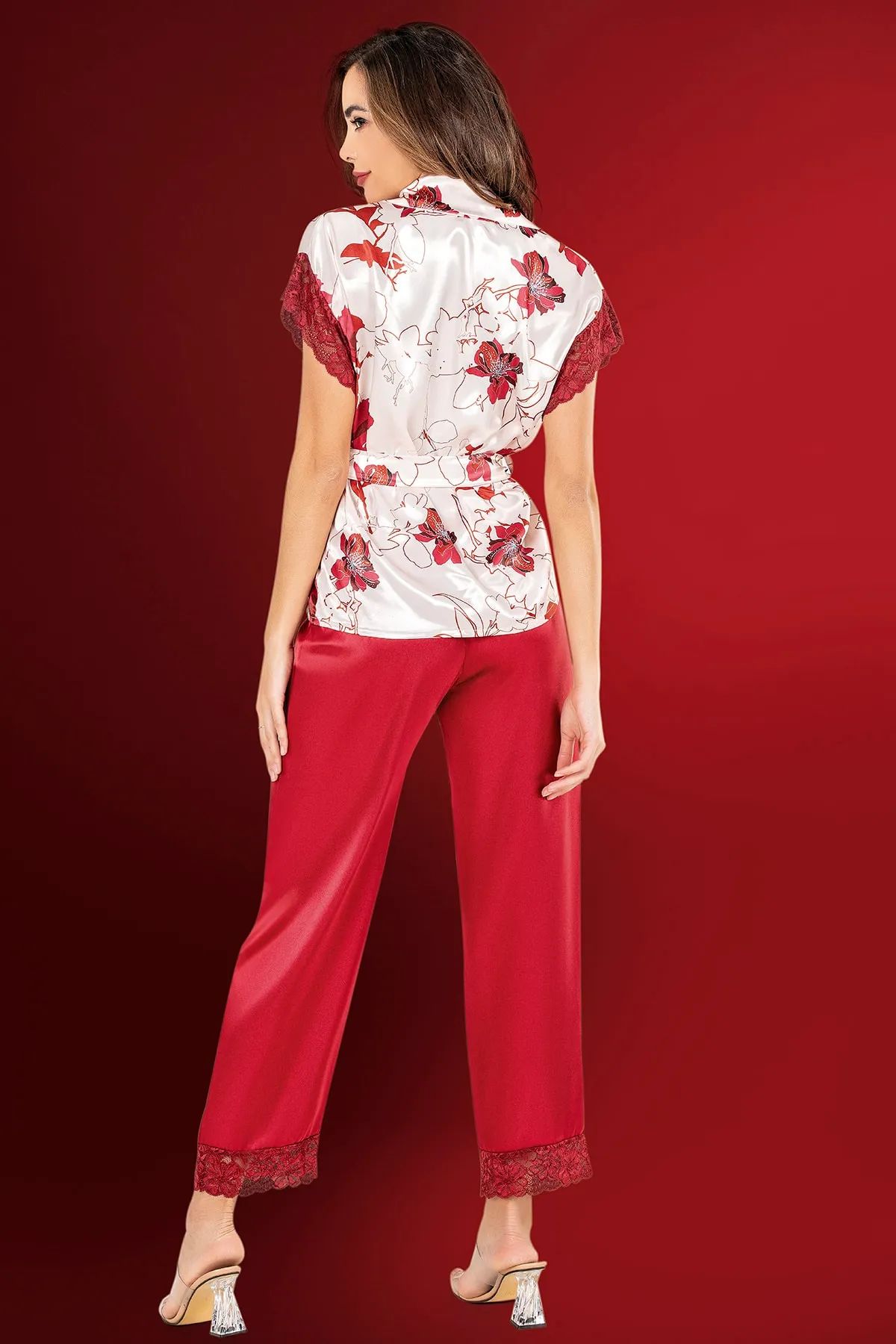 Loomerie 2020 Kadın Kısa Kollu Saten Pijama Takımı-Bordo