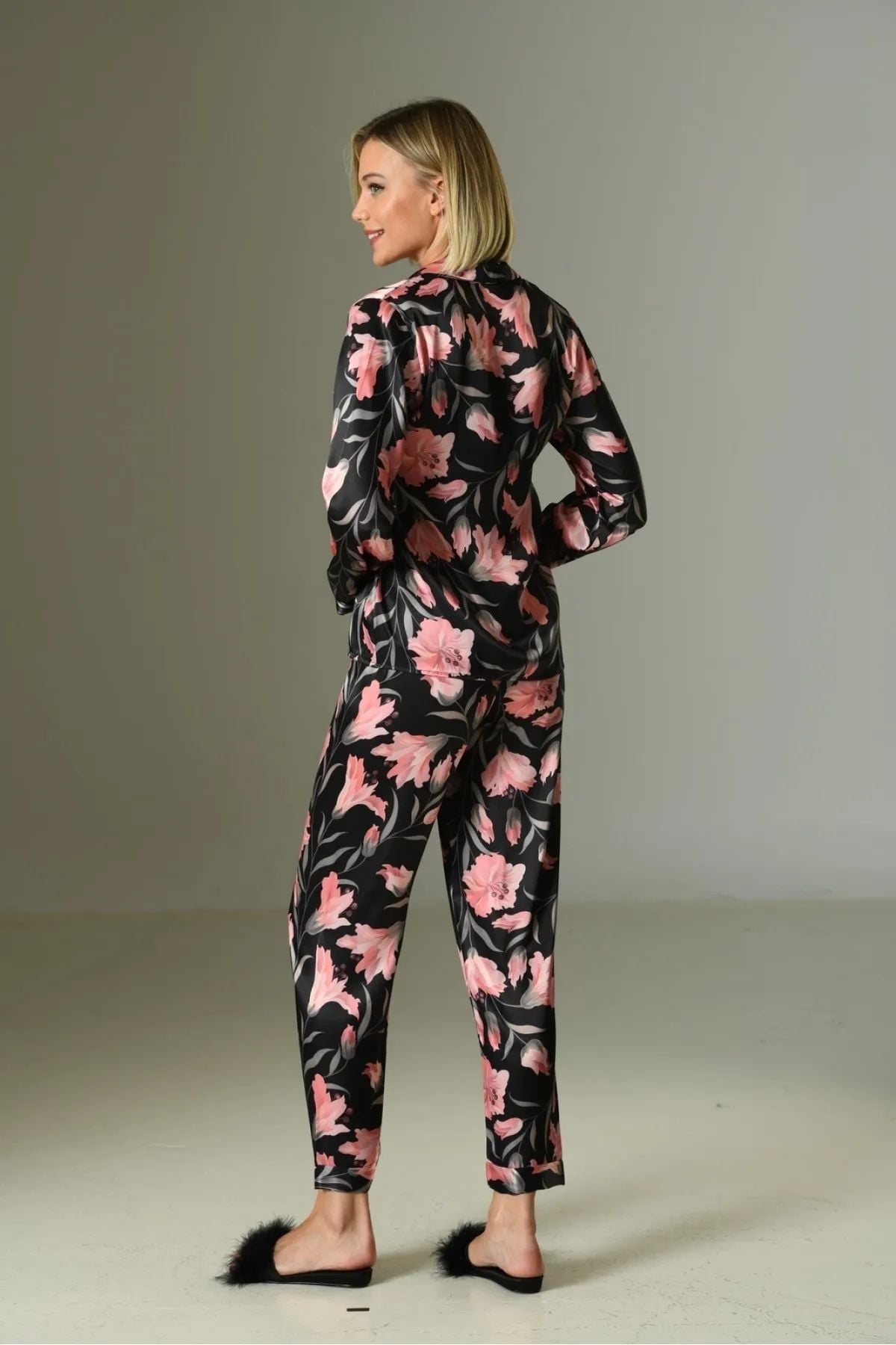 Loomerie 2083 Kadın Saten Uzun Kollu Pijama Takımı-Siyah