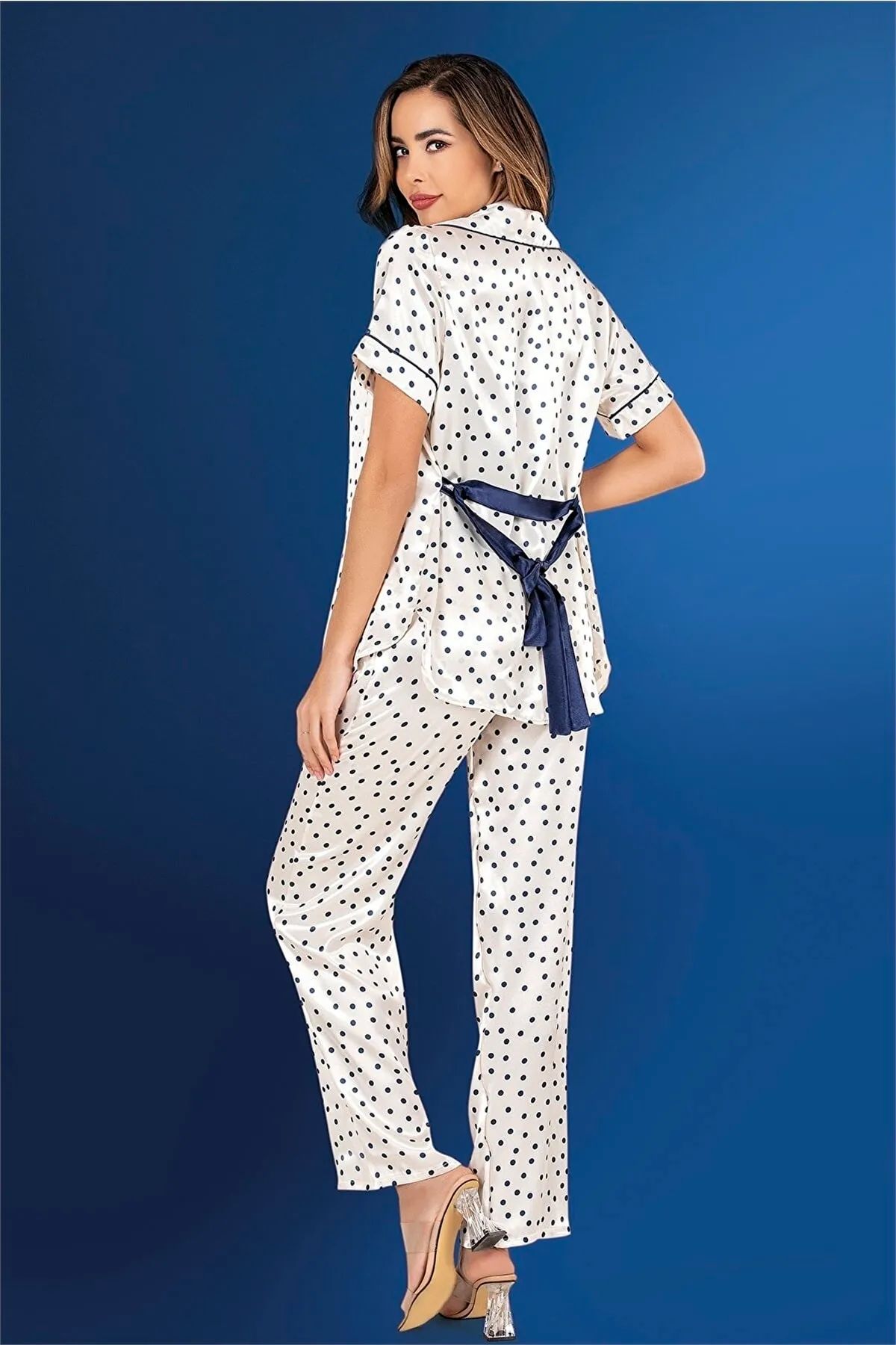 Loomerie 3050 Kadın Saten Sabahlıklı Pijama Takım-Lacivert
