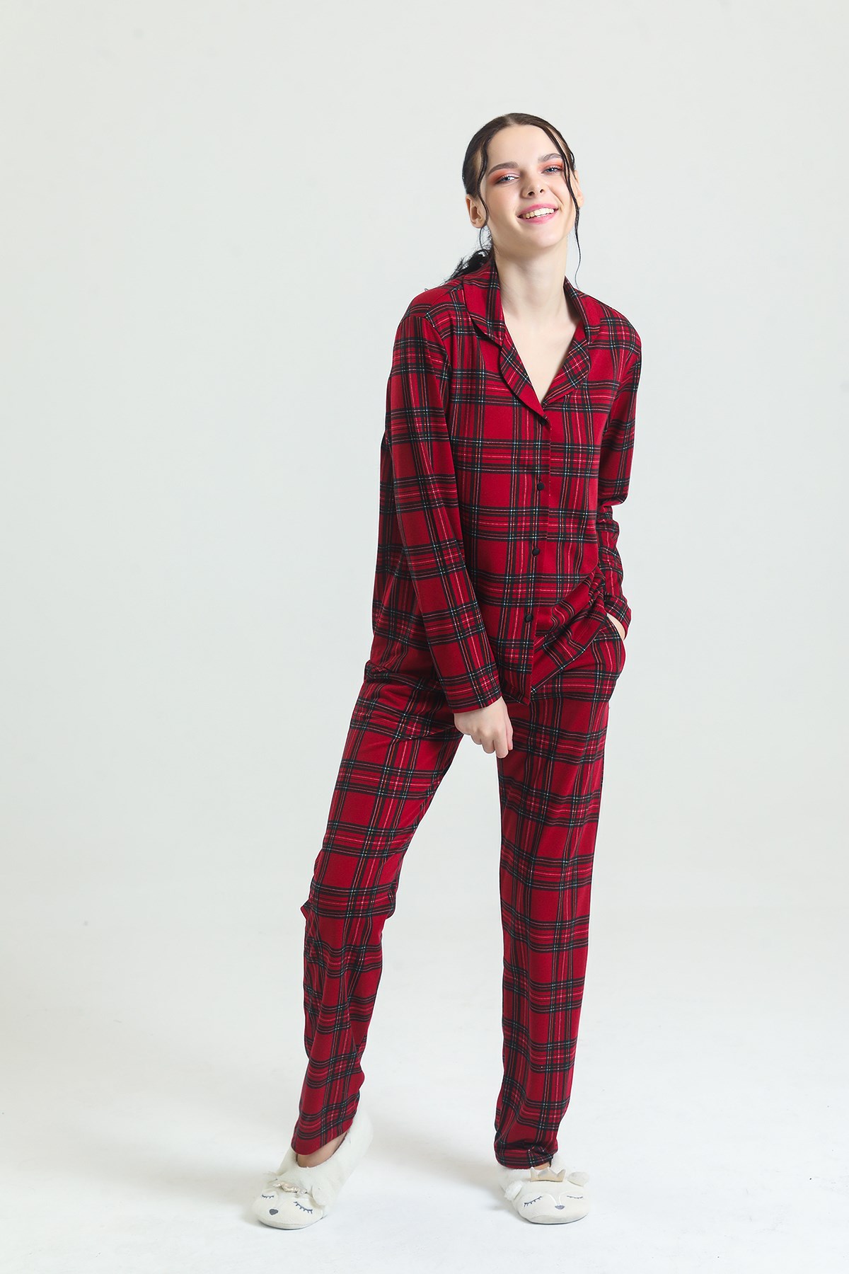 Magic Form 17864 Kadın Önden Düğmeli Pijama takımı-Bordo