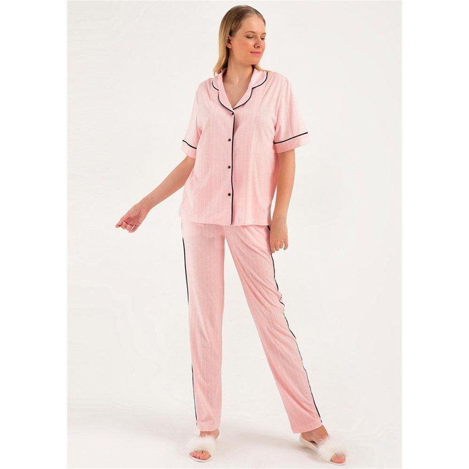 Magic Form 18280 Kısa Kollu Önden Düğmeli Pijama Takım - Somon