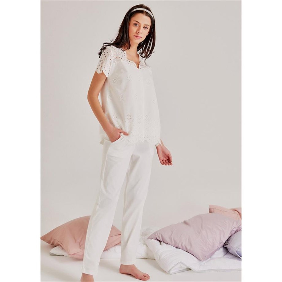 Magic Form 19108 Kendinden Brode Desenli Pijama Takım - Ekru