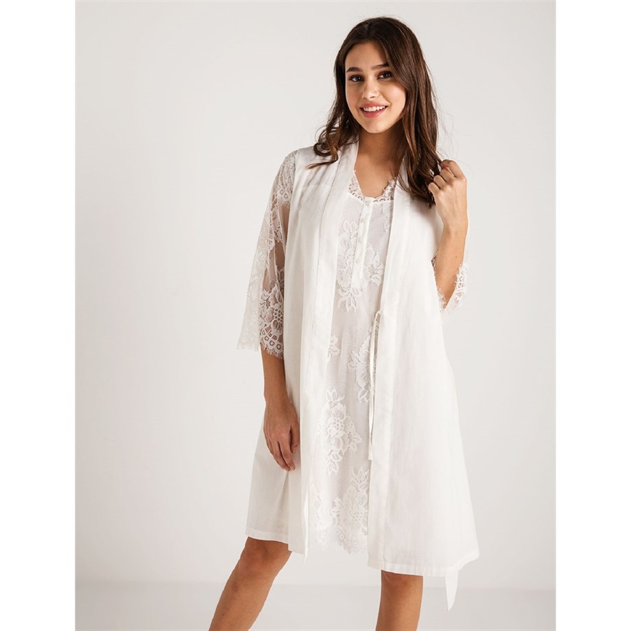 Magic Form 26414 Koton Dantelli Sabahlık Gecelik Takım - Ekru