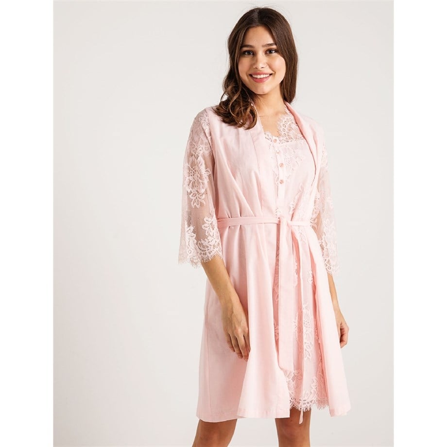 Magic Form 26414 Koton Dantelli Sabahlık Gecelik Takım - Pembe