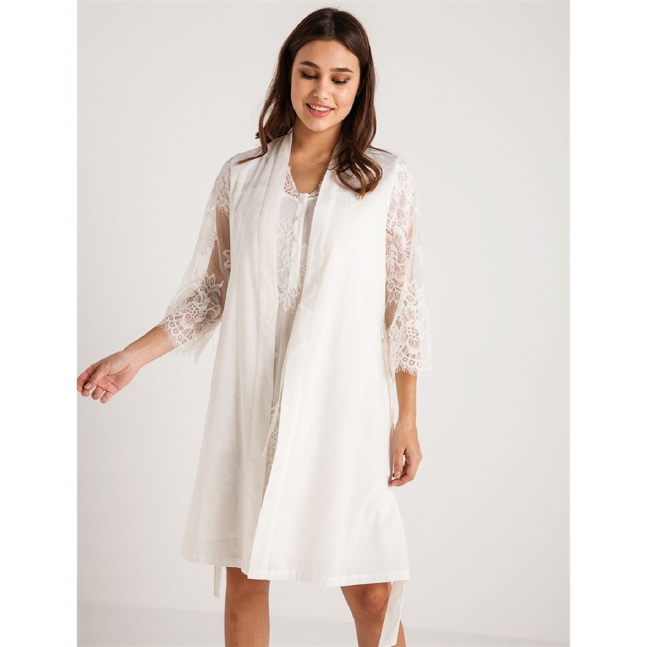 Magic Form 26414 Koton Dantelli Sabahlık Gecelik Takım - Ekru