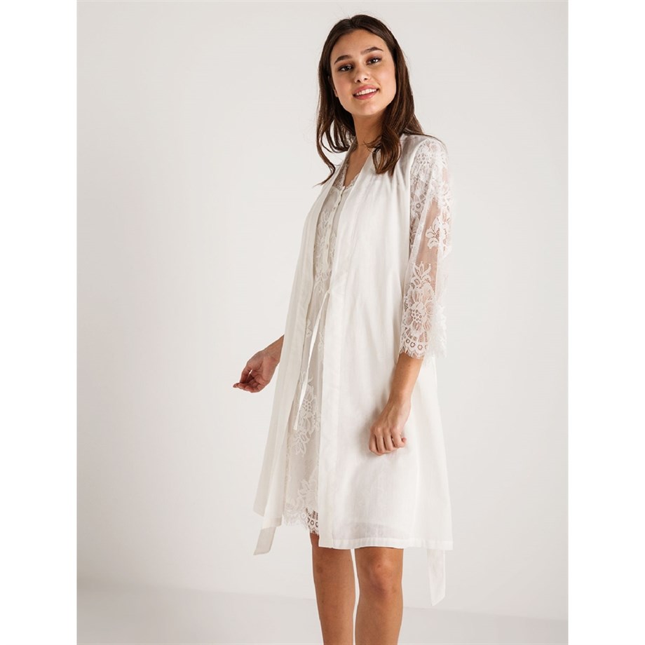 Magic Form 26414 Koton Dantelli Sabahlık Gecelik Takım - Ekru